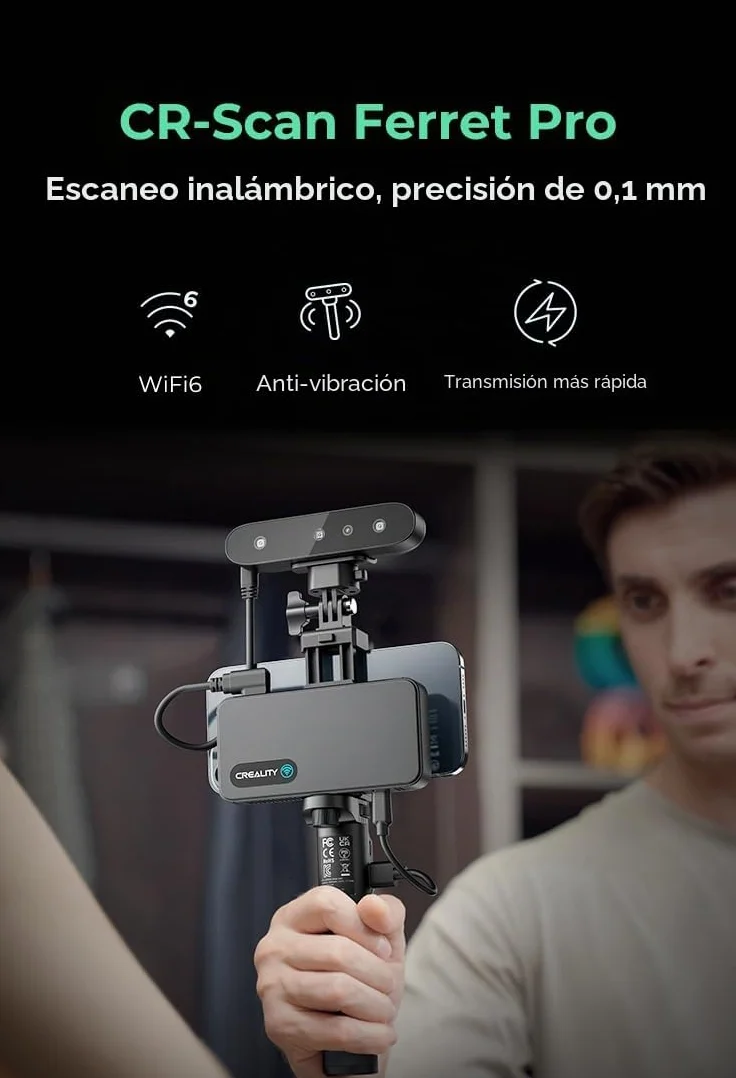 Creality CR Scan Ferret Pro - Escáner 3D (0,1 mm de precisión, seguimiento antivibración, escáner 3D portátil WiFi6 para iOS/Android Phone PC Win 10/11, escaneo a todo color de 24 bits)