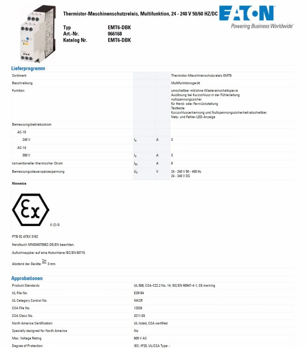 Eaton EMT6-DBK Relé Termistor para Protección de Máquinas, Multi Function, 24-240V50/60HZ/DC