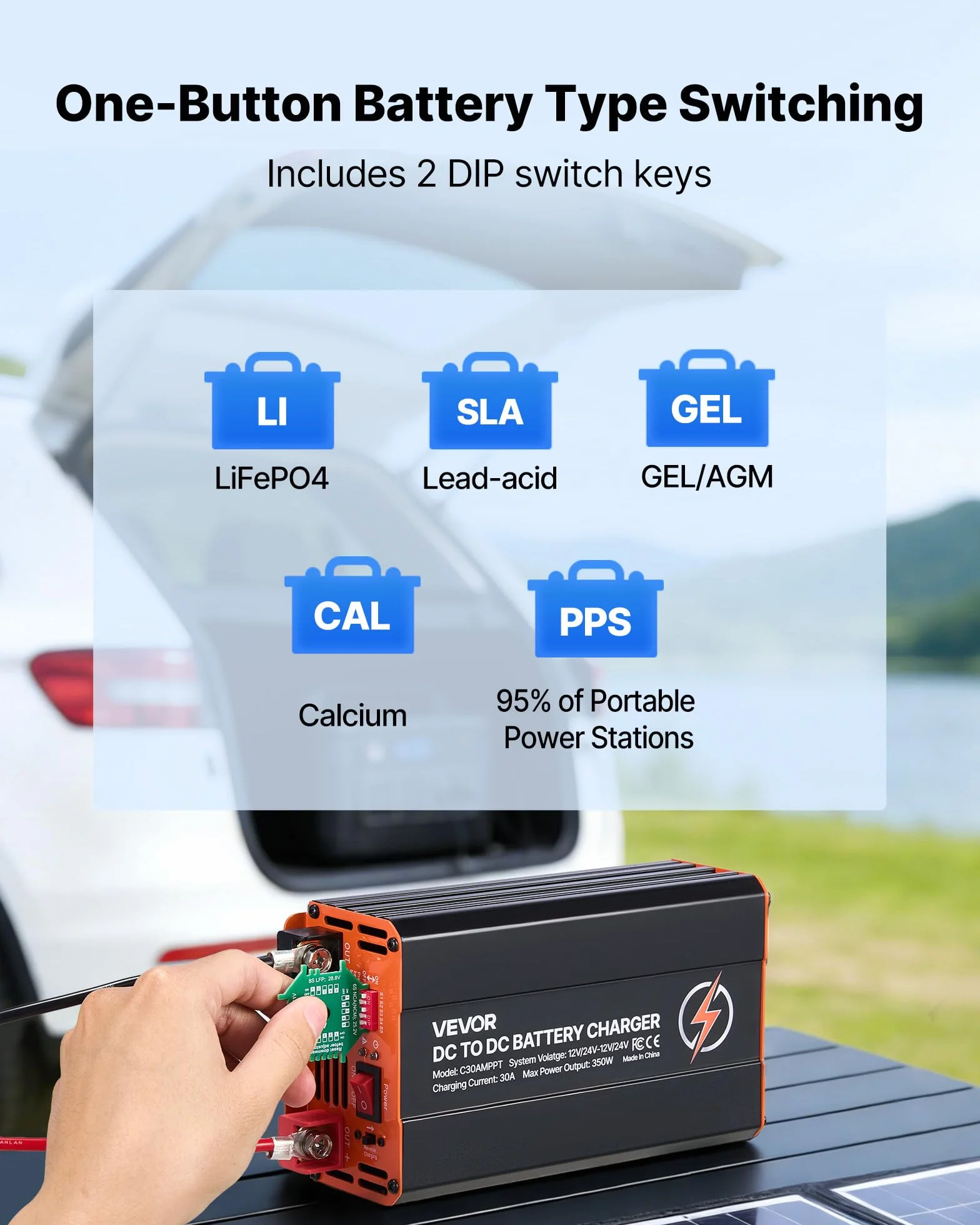 VEVOR Cargador de Batería CC a CC con MPPT, 350 W, Cargador de Batería Integrado de 30 A, Entrada Dual para Panel Solar/Alternador, para Baterías de Plomo-ácido LiFePO4, 12 V/24 V - 12 V/24 V