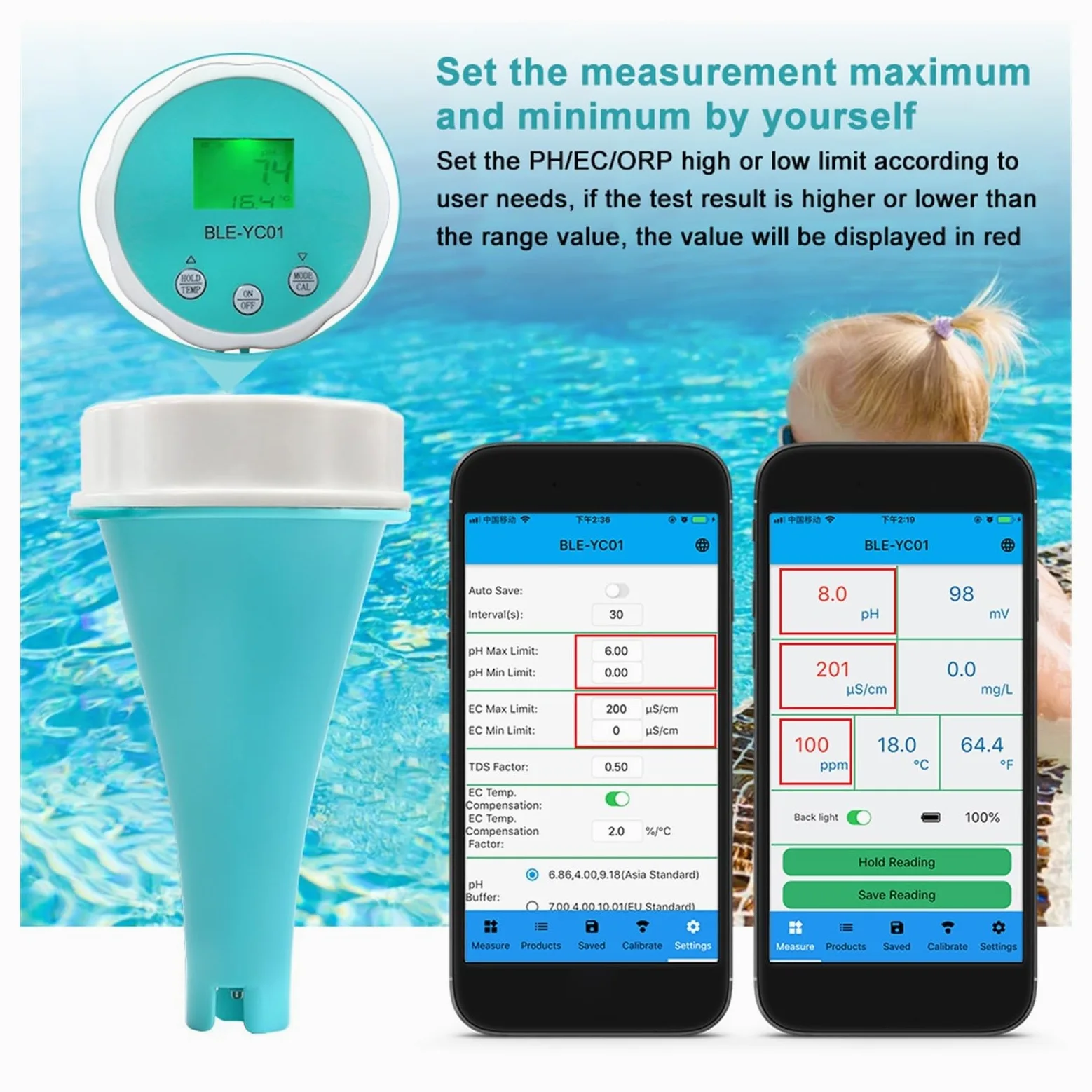 Medidor de PH, Detector de calidad del agua 6 en 1, PH EC TDS ORP CL, calibración de temperatura, probador de agua y cloro, aplicación Monitor en línea for piscina