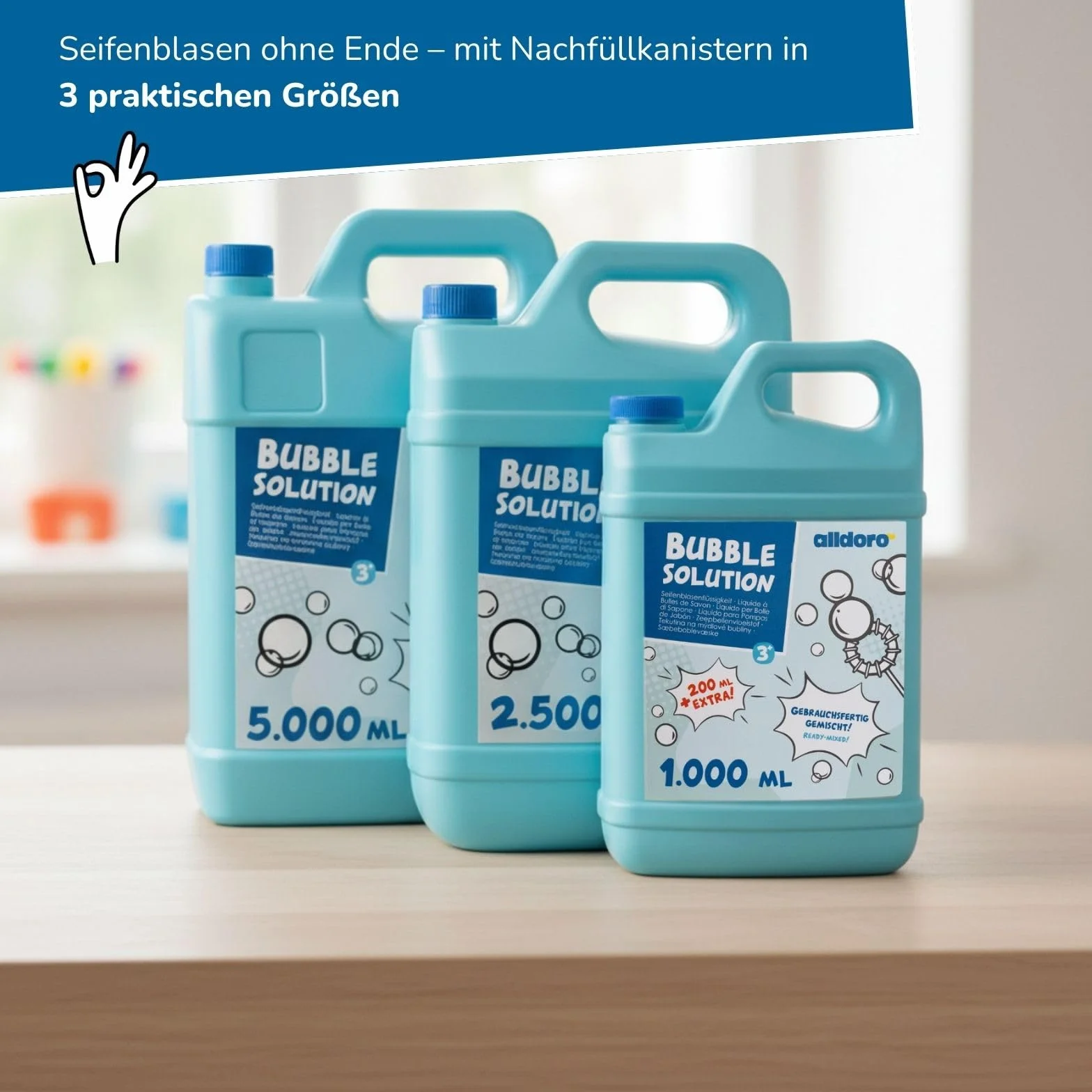 Alldoro 60656 Bubble Fun líquido pompas jabón 1200 ml Agua jabonosa Suministro XL 1,2 litros Recambio