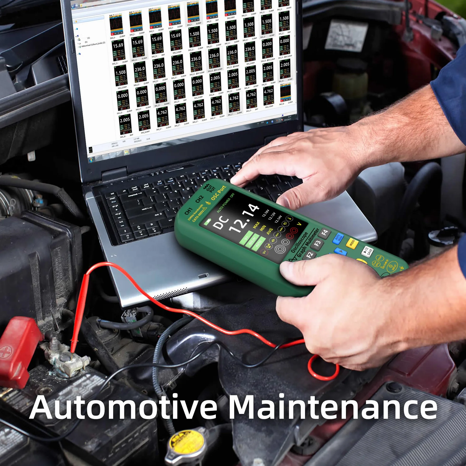 BSIDE O7 Osciloscopio Automotriz Portátil 2 Canales 25MHz 208MSa/s con 3.9 pulgadas Pantalla de Vista Completa Generador de Señal Multímetro Recargable Mide 6000A Corriente Voltaje Capacidad Diodo