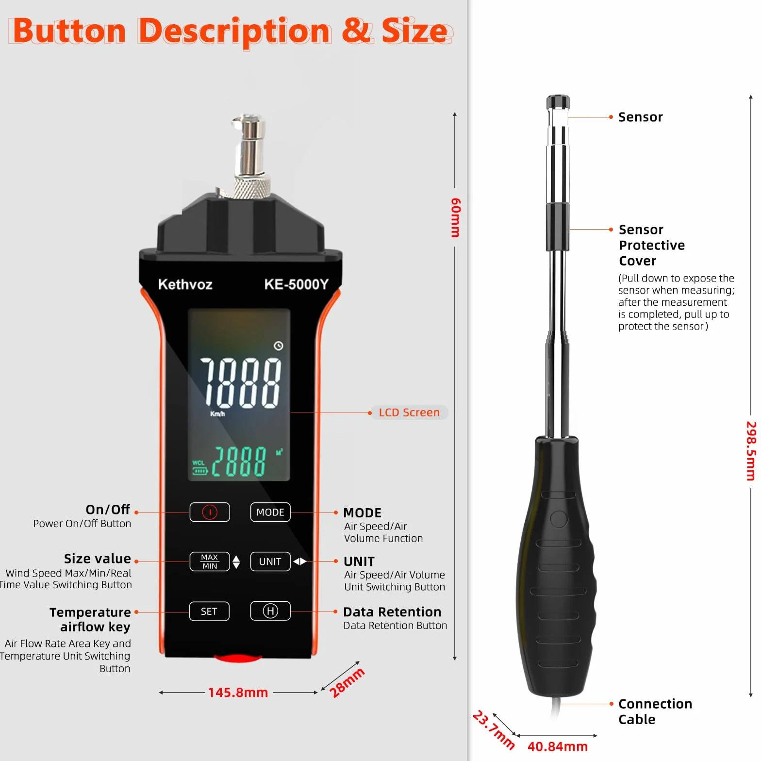 Anemómetro digital Kethvoz KE-5000Y HVAC medidor velocidad del viento CFM CMM 0-999900 ft3/min Temperatura Humedad