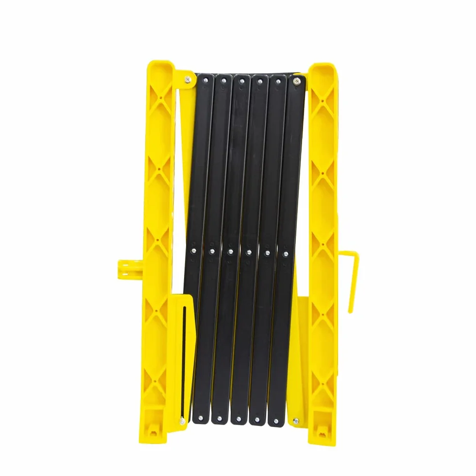 Barrera de seguridad plegable amarilla - 350 cm | Barricada extensible de plástico para seguridad peatonal | Valla de barricada móvil portátil con 4 ruedas