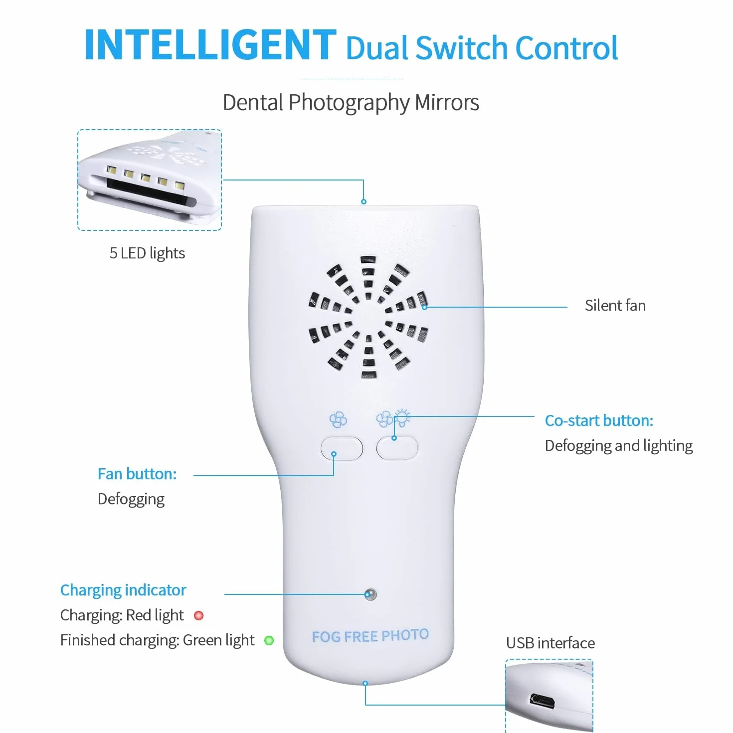 Espejo de fotografía dental sin niebla, espejo LED intraoral con cargador inalámbrico y ventilador, 4 espejos