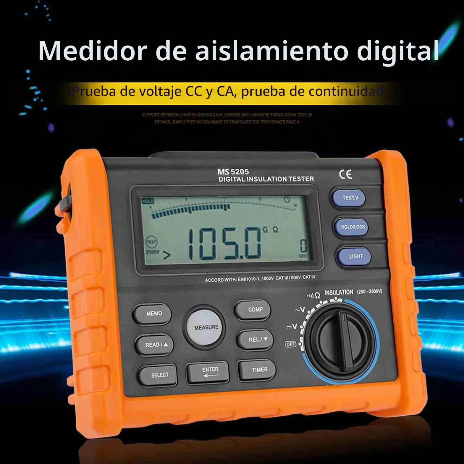PM5205 Medidor Resistencia Digital 2500V Aislamiento Megohm Tester 0.01MΩ-100GΩ Resistencia Megger AC/DC Tester Voltaje con Pantalla LCD Retroiluminación