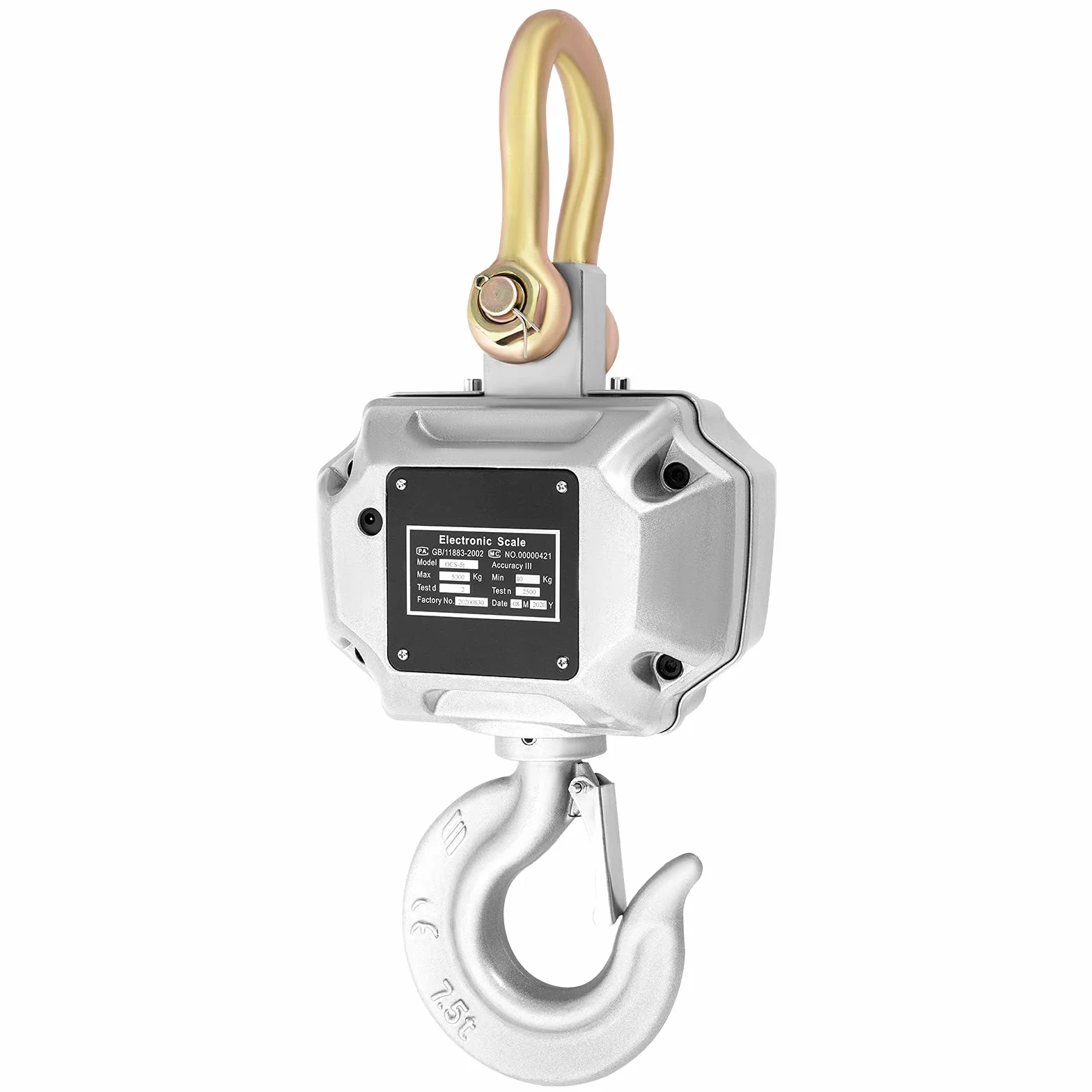 VEVOR Báscula de Grúa Electrónica 5.000 kg, Escala con Gancho Resistente, Clase de Precisión OIML III, Rango de Temperatura -10 a 40 ℃, Duración de la Batería Más de 60 Horas, 26,5 x 22 x 75 cm