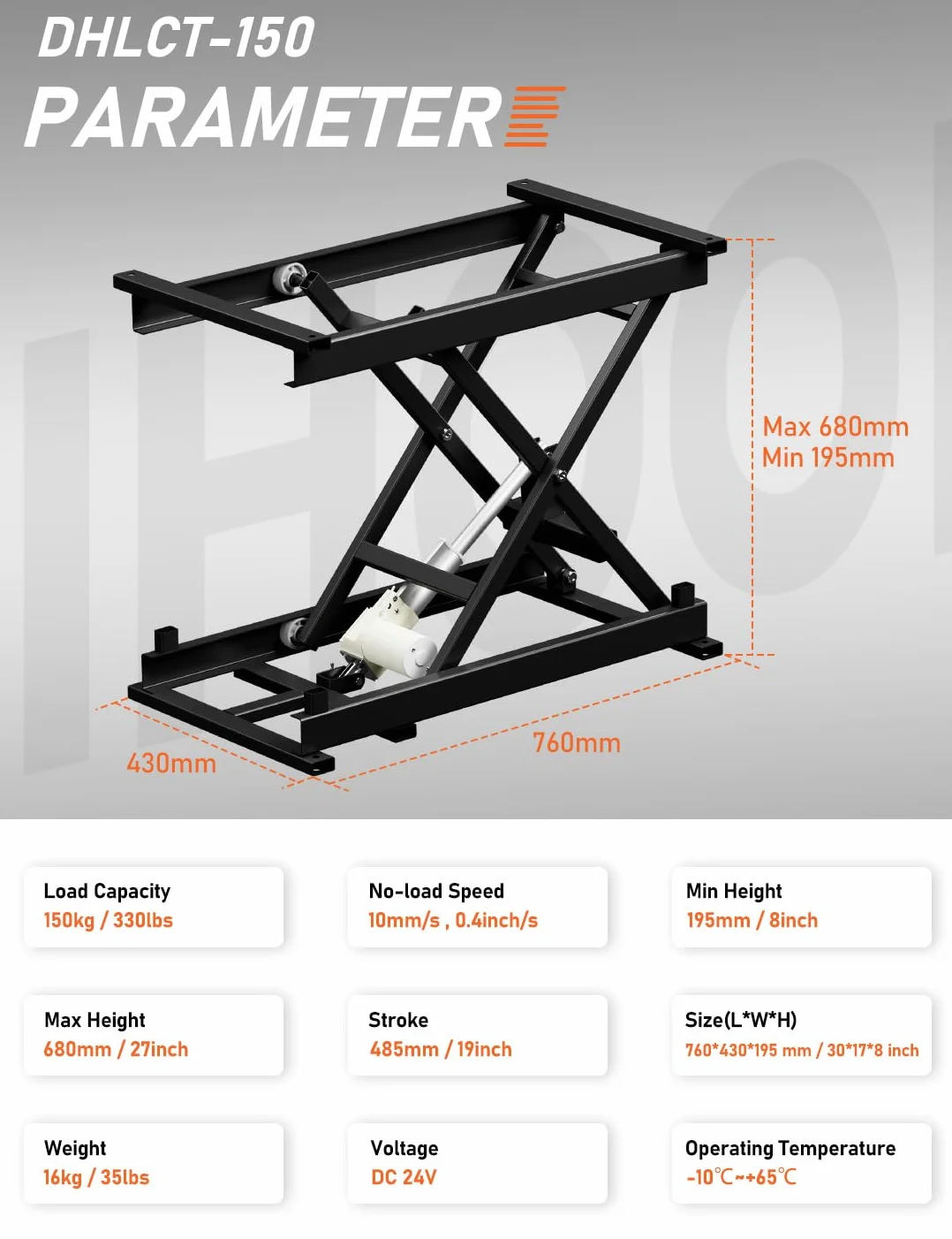 DIHOOL Plataforma de elevación eléctrica de 150 kg de carga, Plataforma de tijeras ajustable de altura 195-680 mm, control de pedales