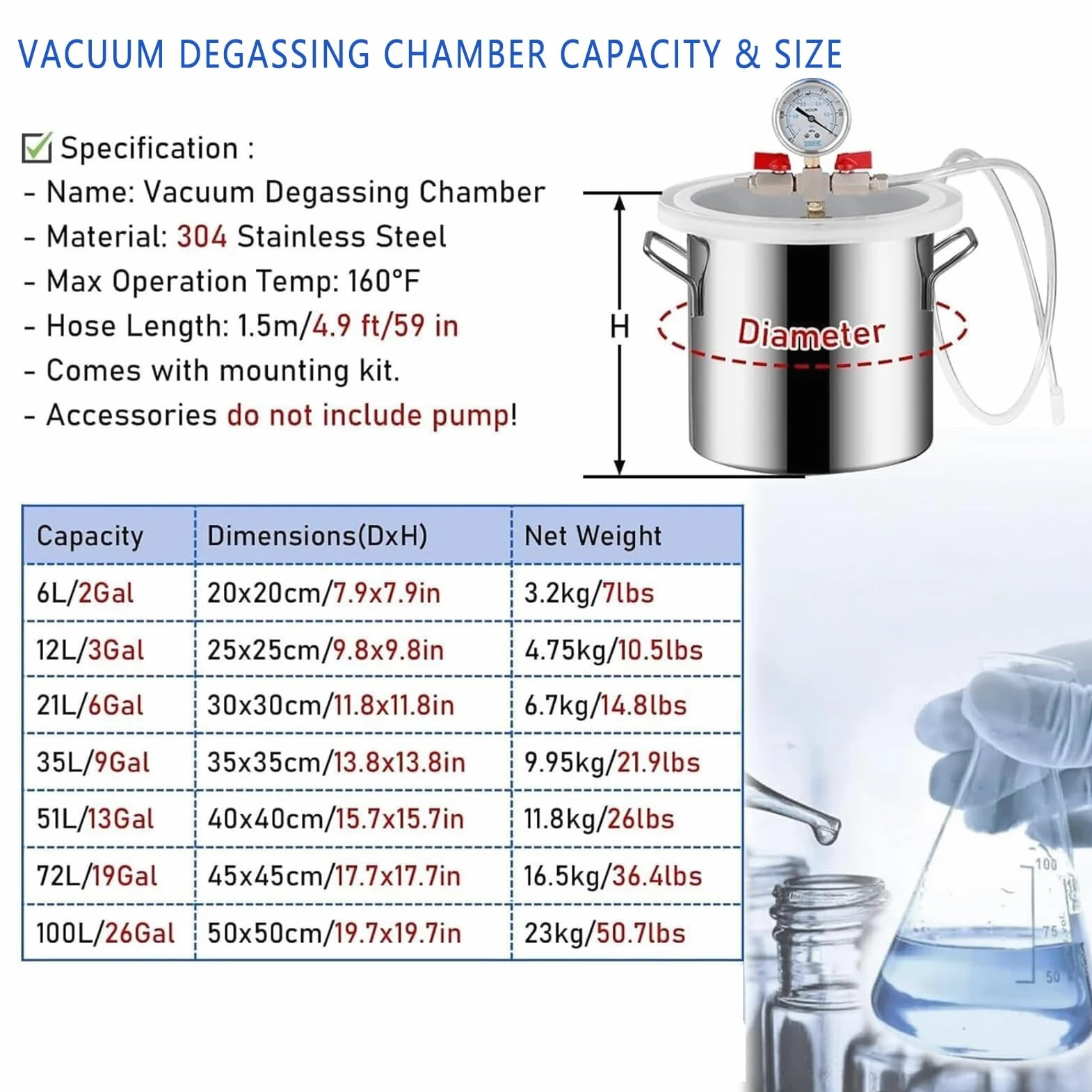 Cámara de desgasificación al vacío, cámara de acero inoxidable 304 con manguera y manómetro, tapa acrílica transparente, para desgasificación de silicona y resina epoxi
