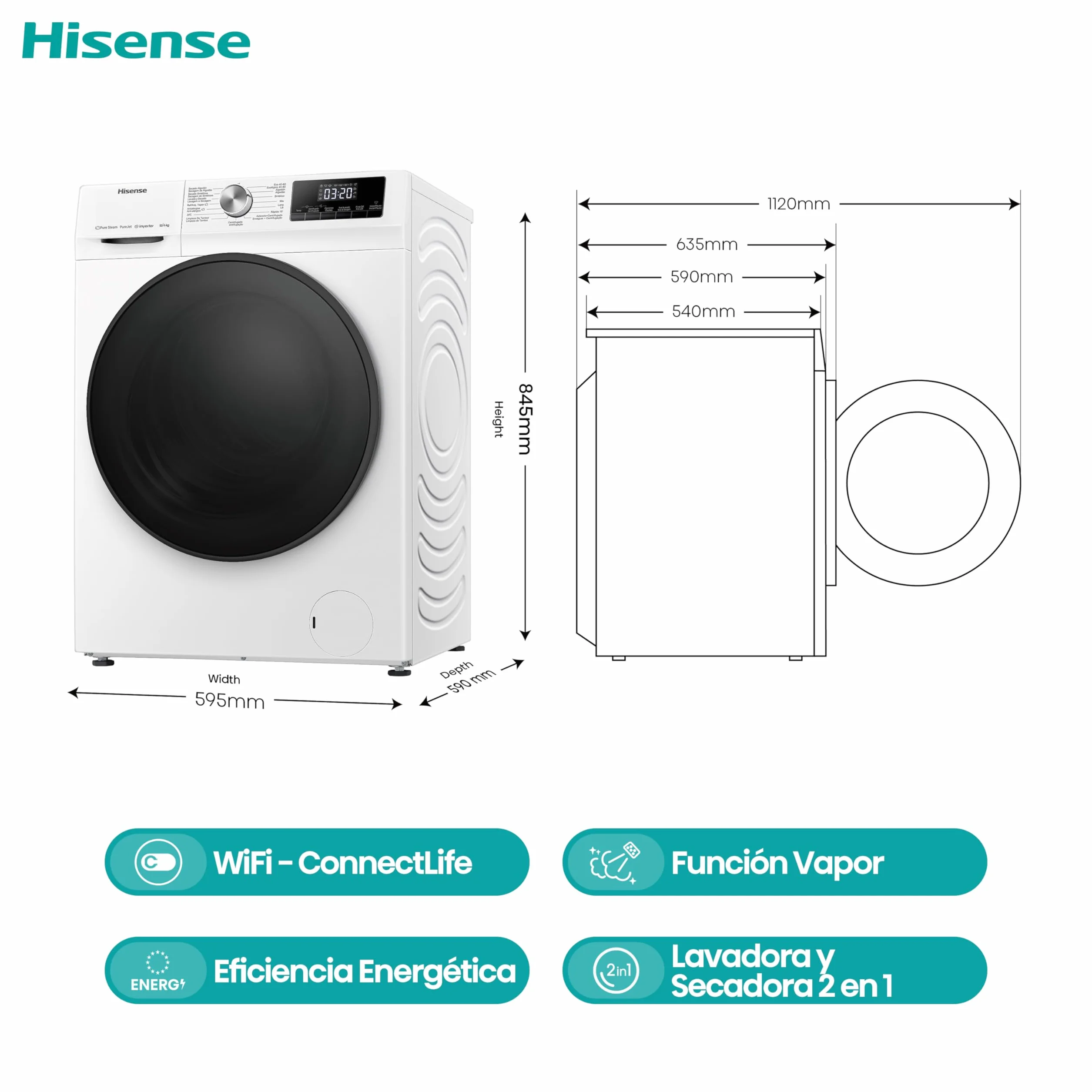 Hisense Lavadora Secadora 2 en 1 Carga Frontal 10 kg 6 kg 1400 rpm Motor Inverter Wifi