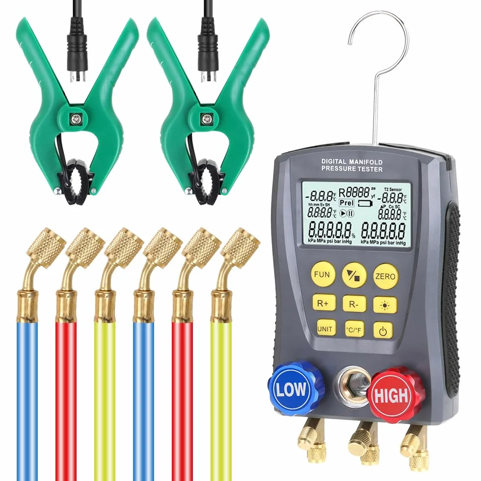 RSFIL Medidor de presión Refrigeración Digital Vacío Presión Colector Probador Medidor Calefacción Ventilación y Aire Acondicionado Probador de Temperatura Válvulas Kit de Herramientas