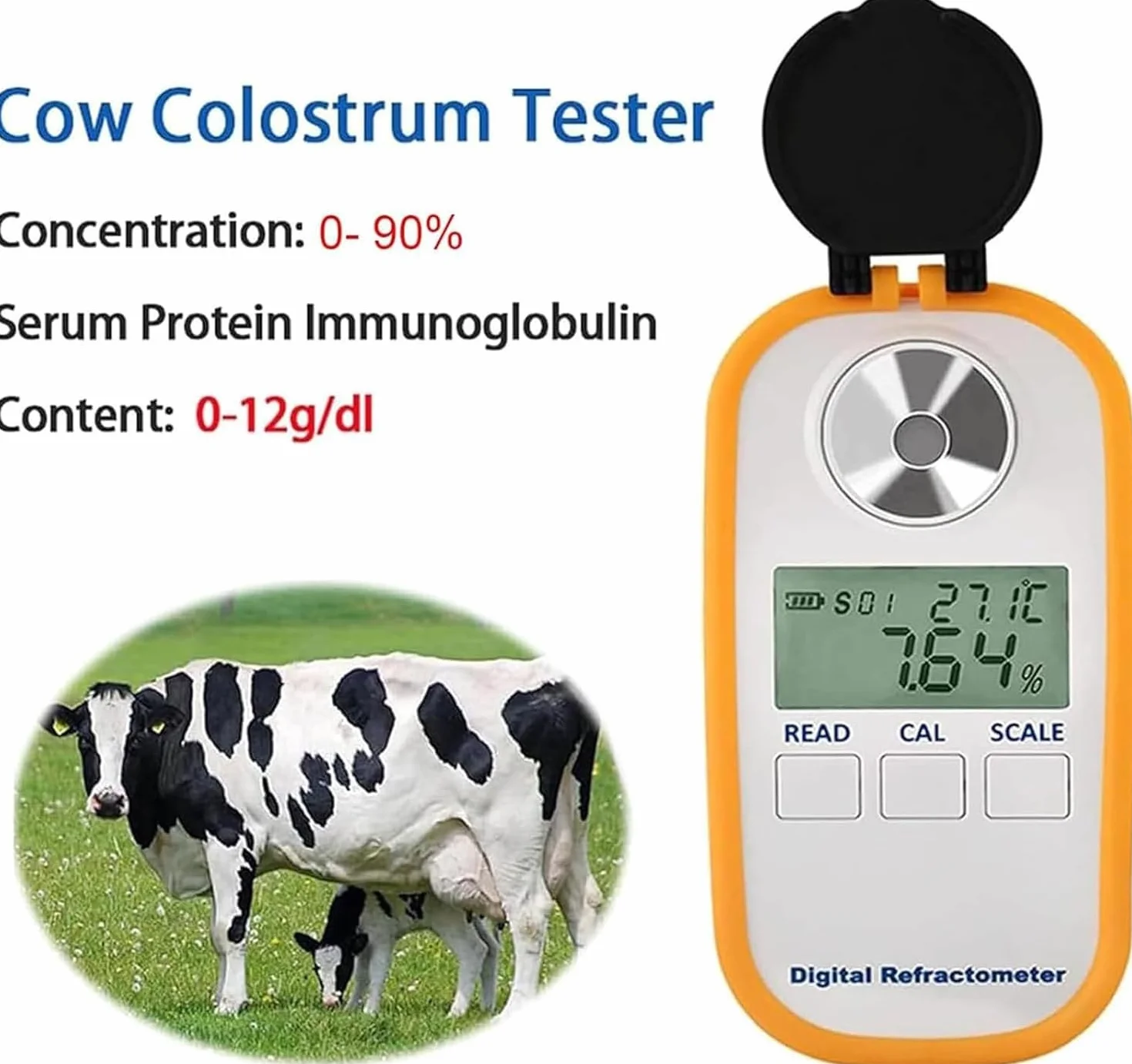 Medidor portátil de concentración de calostro for vacas lecheras, refractómetro digital LED de mano, rango de detección de 0 a 50 %, precisión de concentración de calostro ±0,2 %, resolución 0,1 %