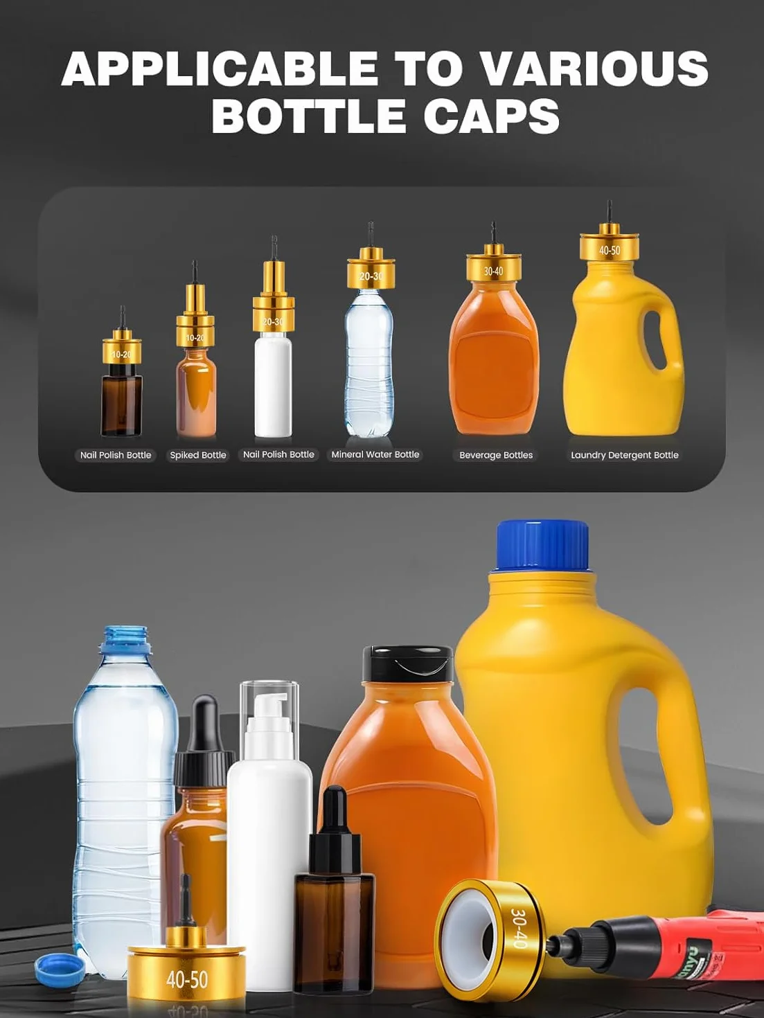 Huanyu Electric Bottle Capper Máquina de tapado portátil Sellador de tapado ajustable de velocidad de 10 mm a 50 mm Máx. 1300 RPM (220 V, tapadora + 6 cabezales de atornillado + extractor)