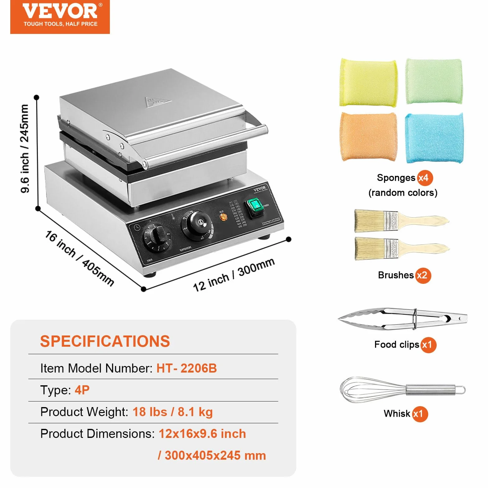 VEVOR Máquina para Hacer Gofres Comerciales, 4 Piezas, Acero Inoxidable Antiadherente de 1750 W con Control de Temperatura y Tiempo, para Restaurantes, Panaderías, Bares y Familias, 300 x 405 x 245 mm