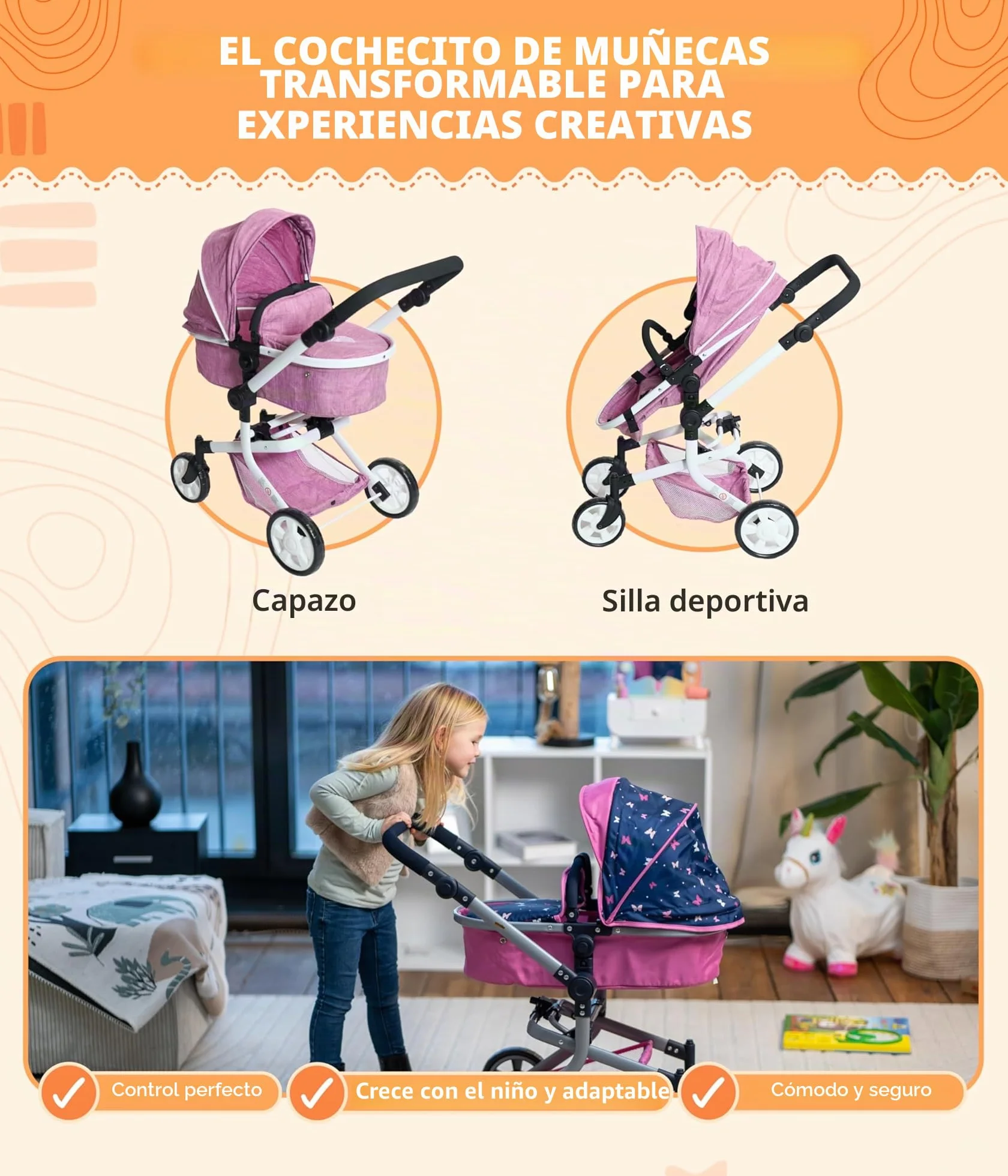 Bayer Chic 2000 Cochecito para muñecas Mika 2 en 1 Rosa Vaquero Plegable Mango Ajustable 47-80 cm