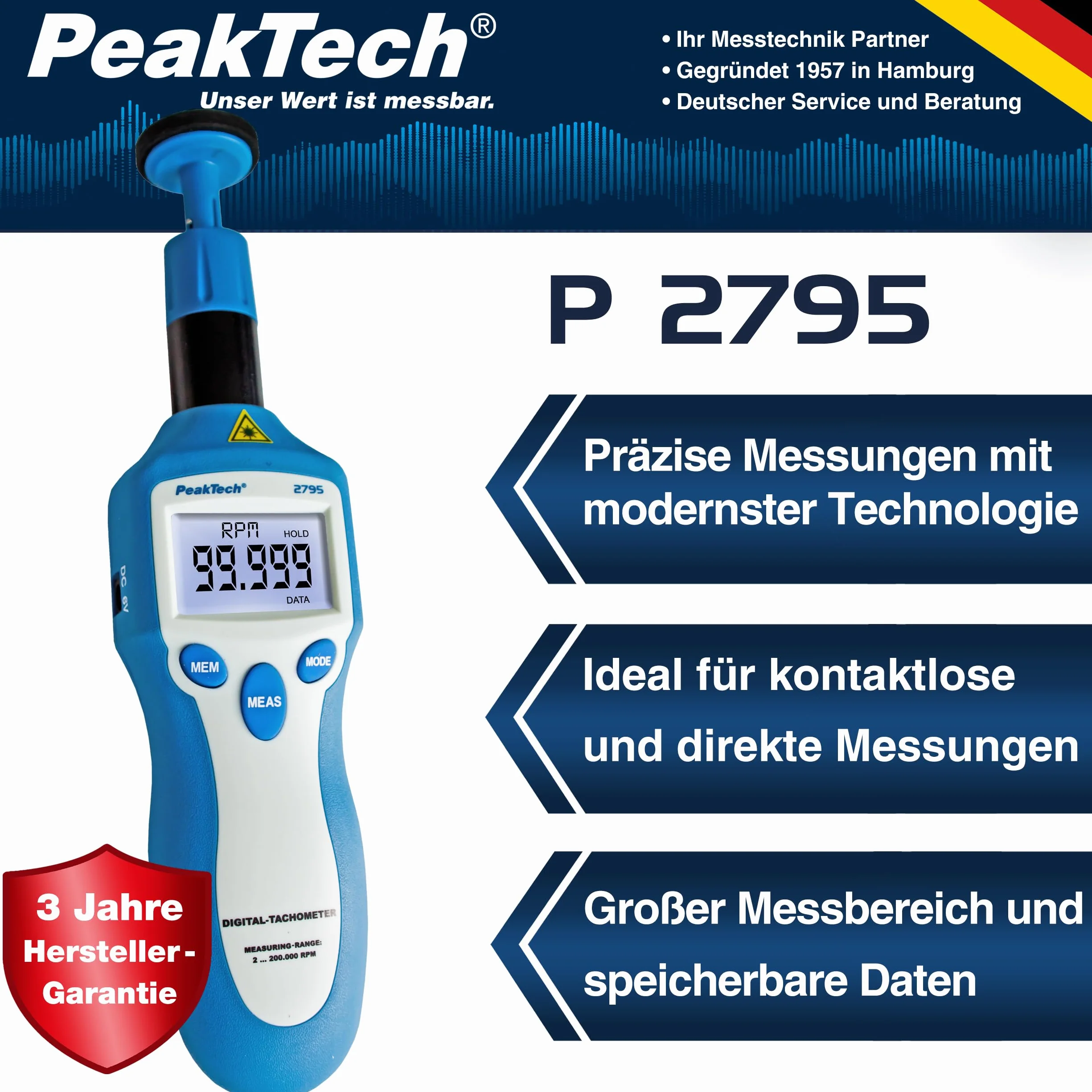 PeakTech 2795 Tacómetro Digital Láser Pantalla LCD 13 Dígitos 5 mm