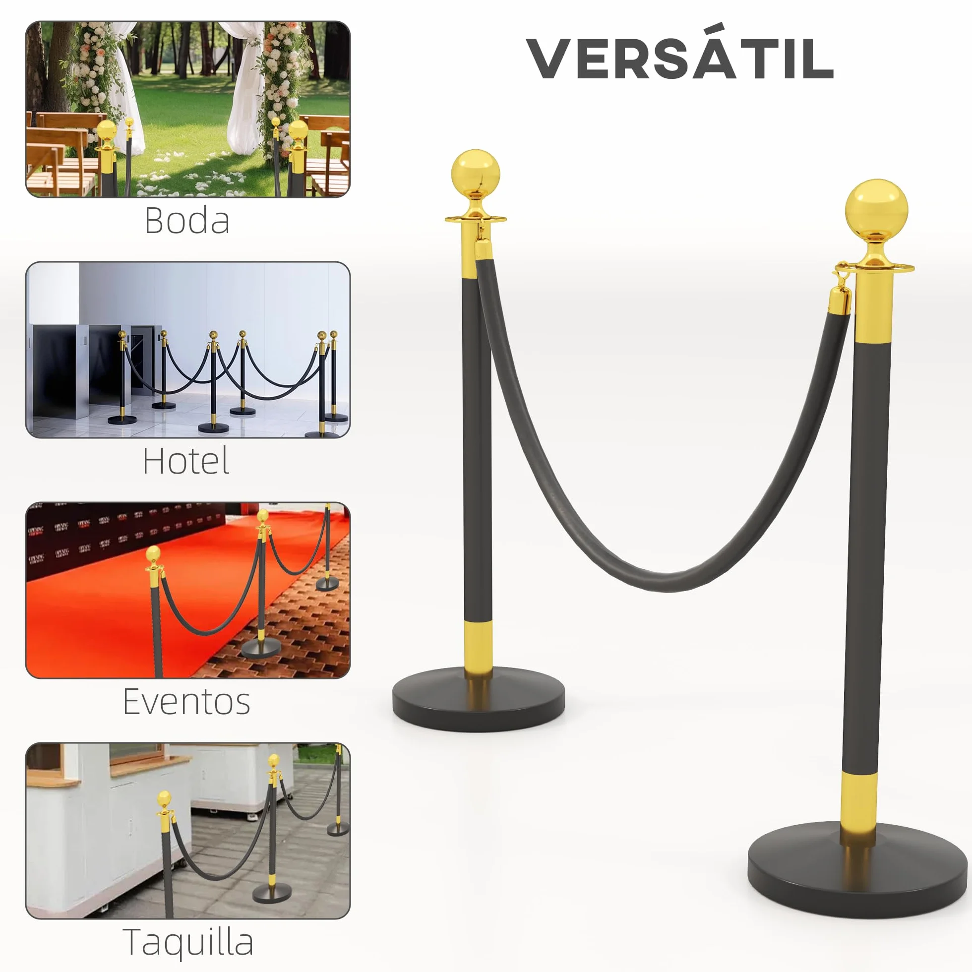 HOMCOM Postes Separadores de Acero Inoxidable 96 cm, Base de Agua, Cuerda de Terciopelo 1,5 m, Negro