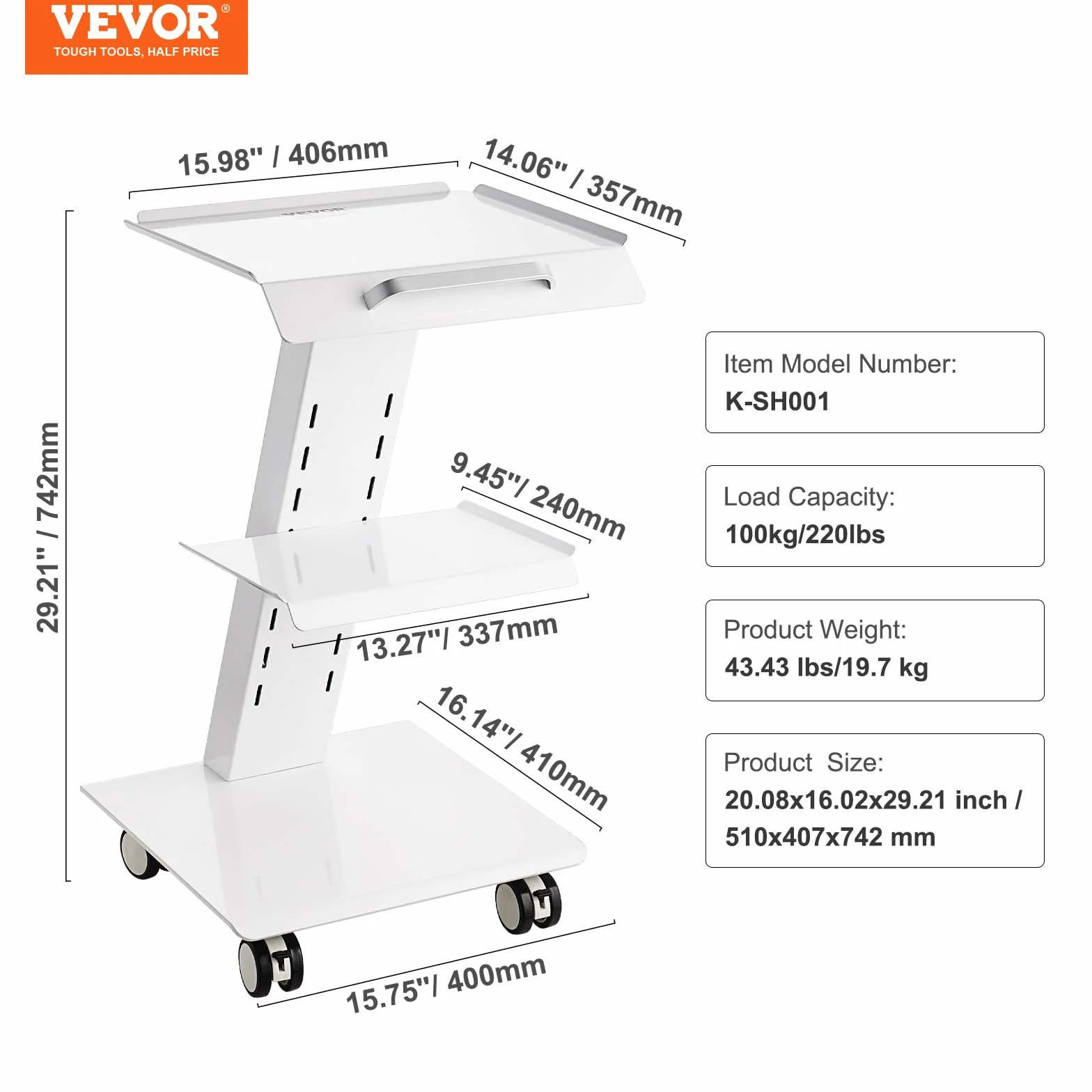 VEVOR Carro de Laboratorio, Carro de Servicio Médico con Enchufe, 3 Capas, Ruedas Giratorias, 100 kg