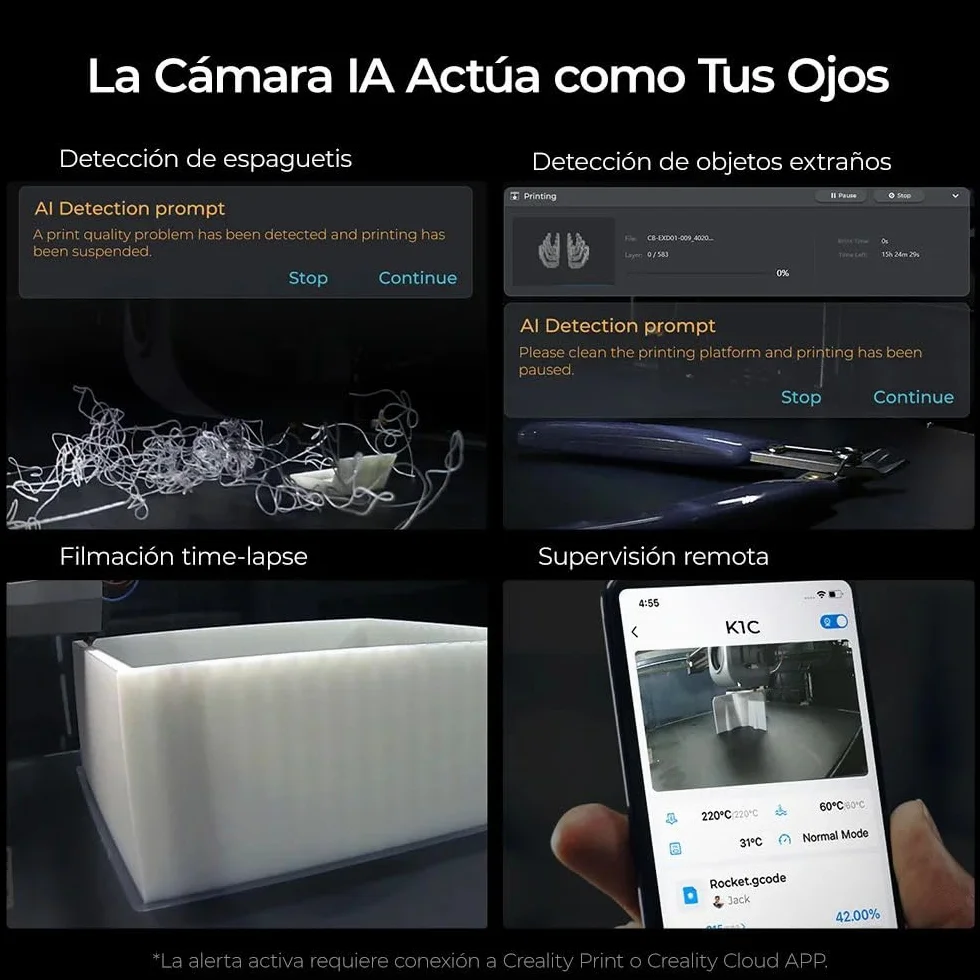 Creality K1C Impresora 3D de 600mm/s Alta Velocidad impresión con cámara AI, Actualización K1,Nivelación Automática y Continuar Imprimiendo Automáticamente,220x220x250mm