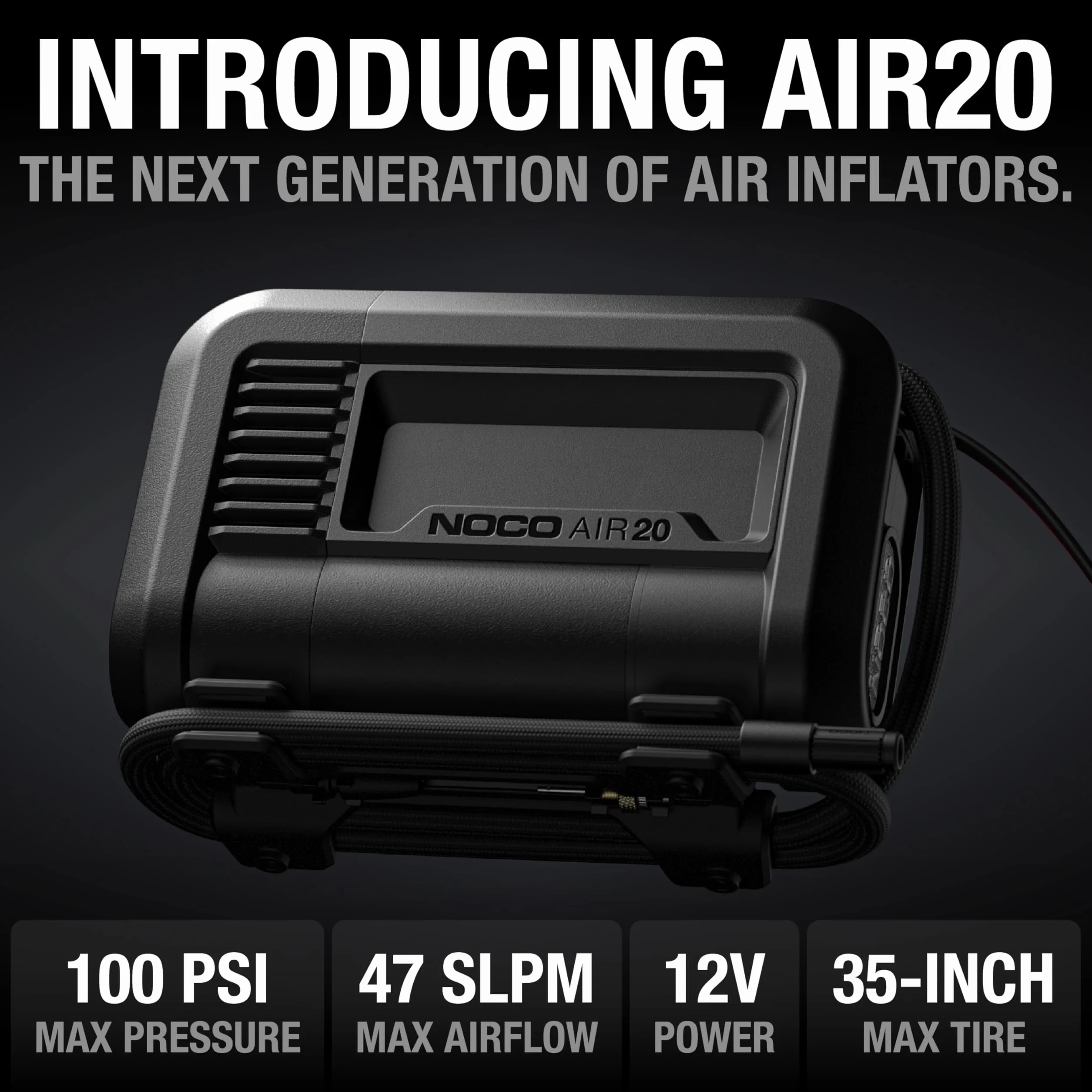 NOCO AIR20 Inflador de neumáticos 20A Compresor de aire portátil 12V 47 SLPM 40 PSI Manómetro digital Apagado automático
