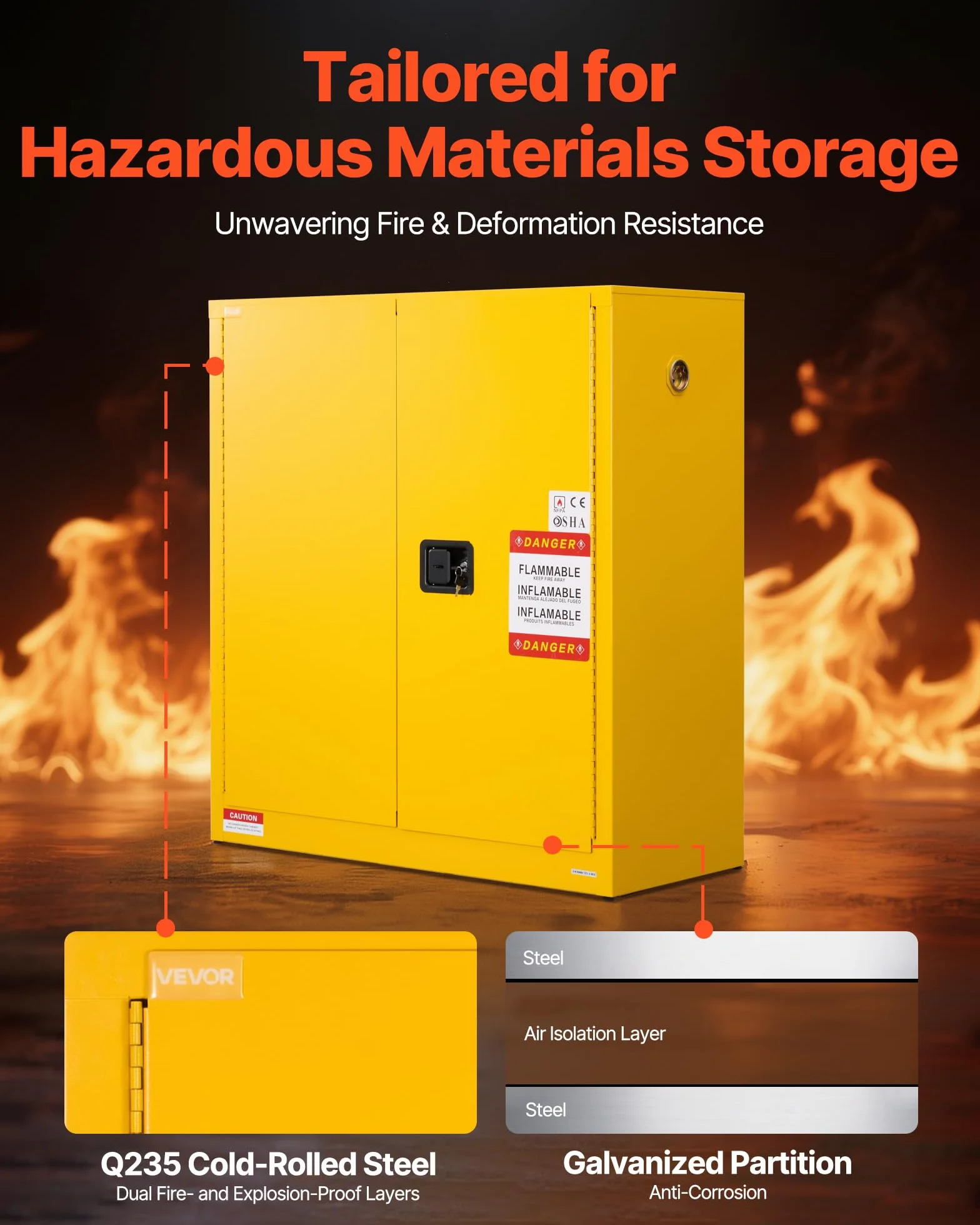 VEVOR Gabinete para Materiales Inflamables, Gabinete Ignífugo 109,2 x 46 x 118 cm de 110 L de Acero Laminado en Frío y Galvanizado con Estante Ajustable para Uso Comercial y Doméstico, Amarillo