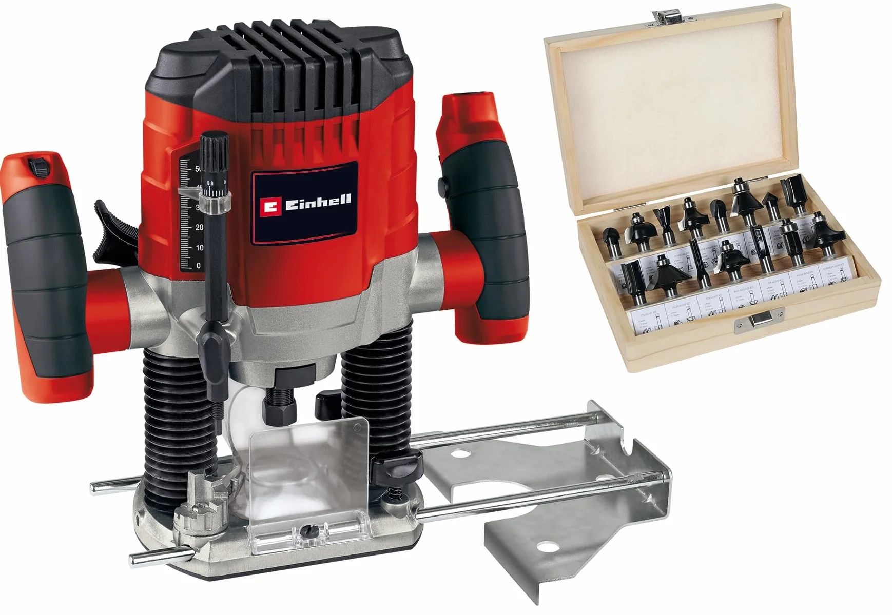 Einhell TC-RO 1155 Kit (1100 W, pinzas de sujeción Ø 6 y 8 mm, variador de velocidad, tope paralelo, adaptador de succión, con accesorios y varias fresas)