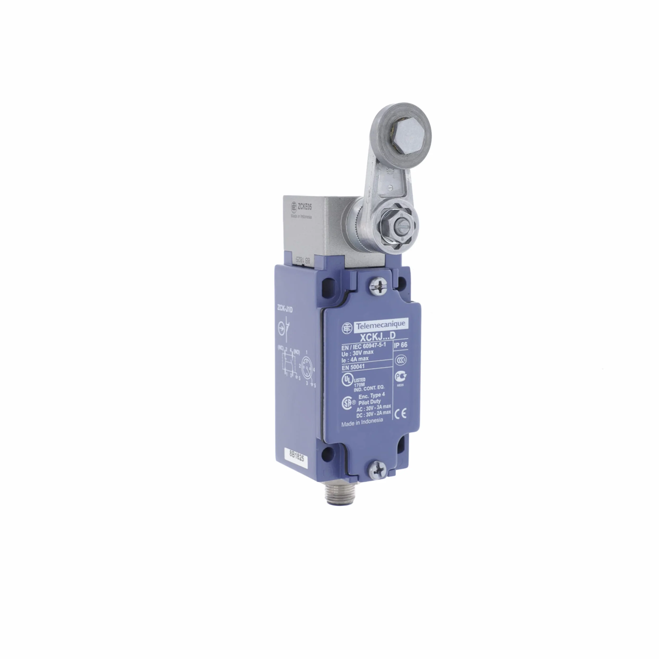 Schneider Electric XCKJ10513D Limit Switch Xckj, Steel Roller Lever, 1Nc+1No, Snap Action, M12