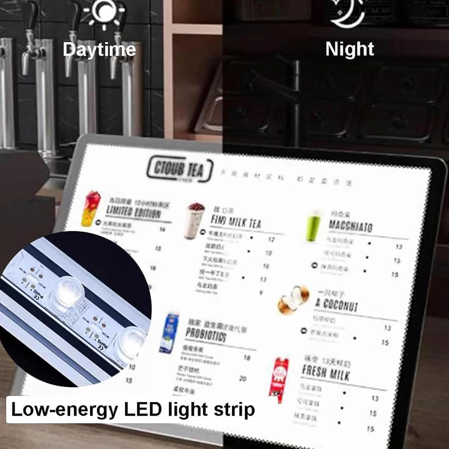 Marco de póster de caja de luz LED, pantalla luminosa para tablero de menú con soporte de metal para publicidad de restaurante, soporte de menú de escritorio, 297 x 420 mm