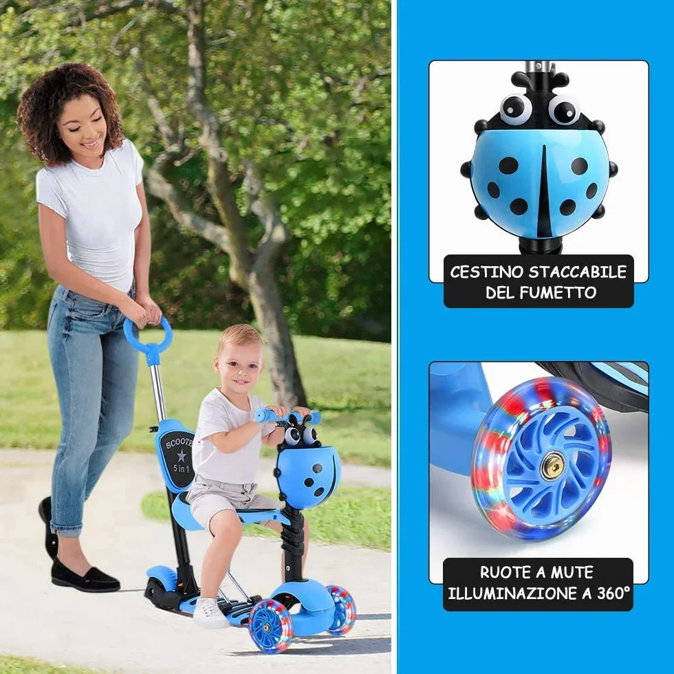 YOLEO Patinete para Niños 5-en-1, 3 Ruedas LED, Manillar Ajustable, Asiento Extraíble, 50 kg, Azul