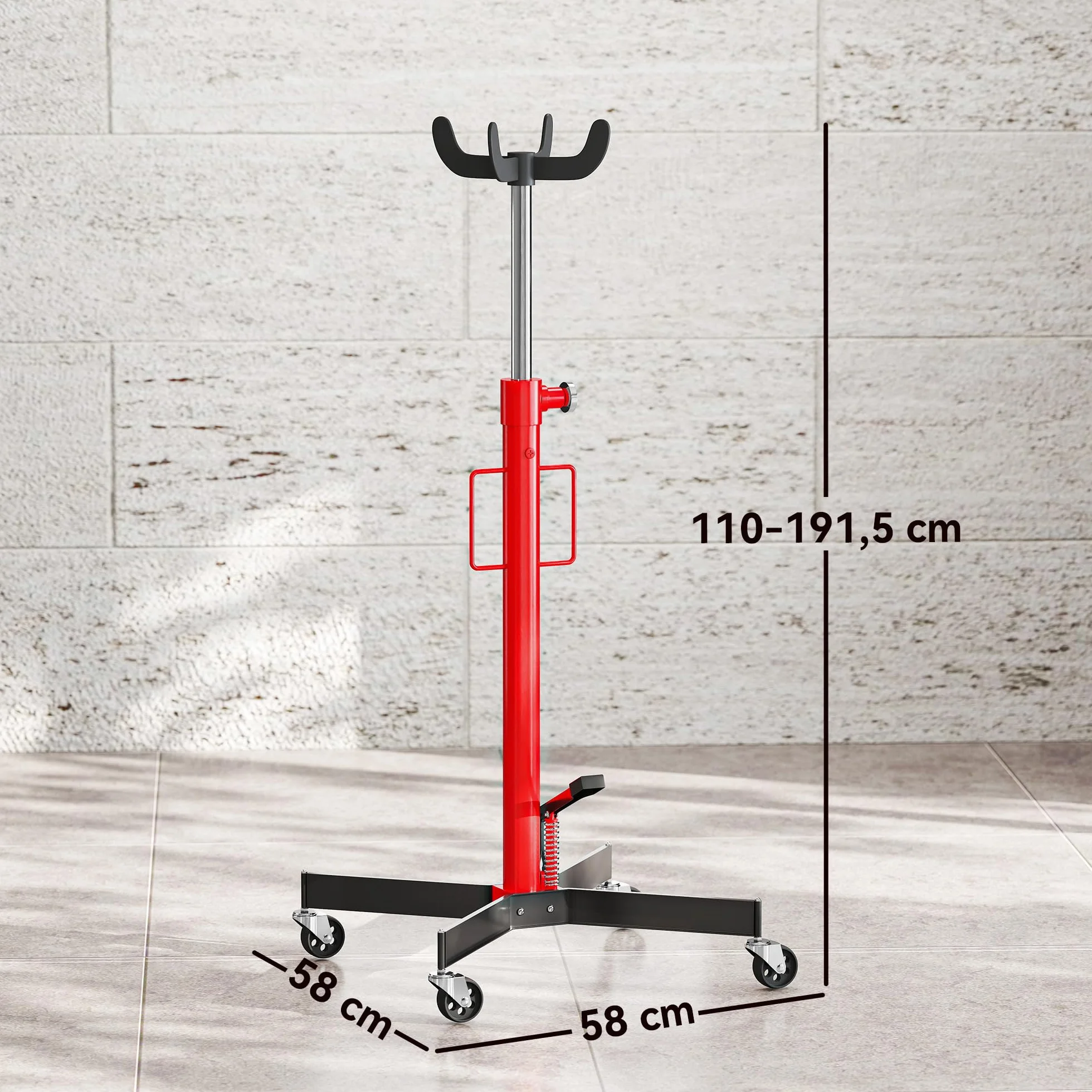 HOMCOM Gato hidráulico de foso para caja de cambios, gato elevador de acero 500 kg, altura regulable 110-191,5 cm, gato hidráulico de transmisión 4 ruedas giratorias, pedal, para coches, rojo