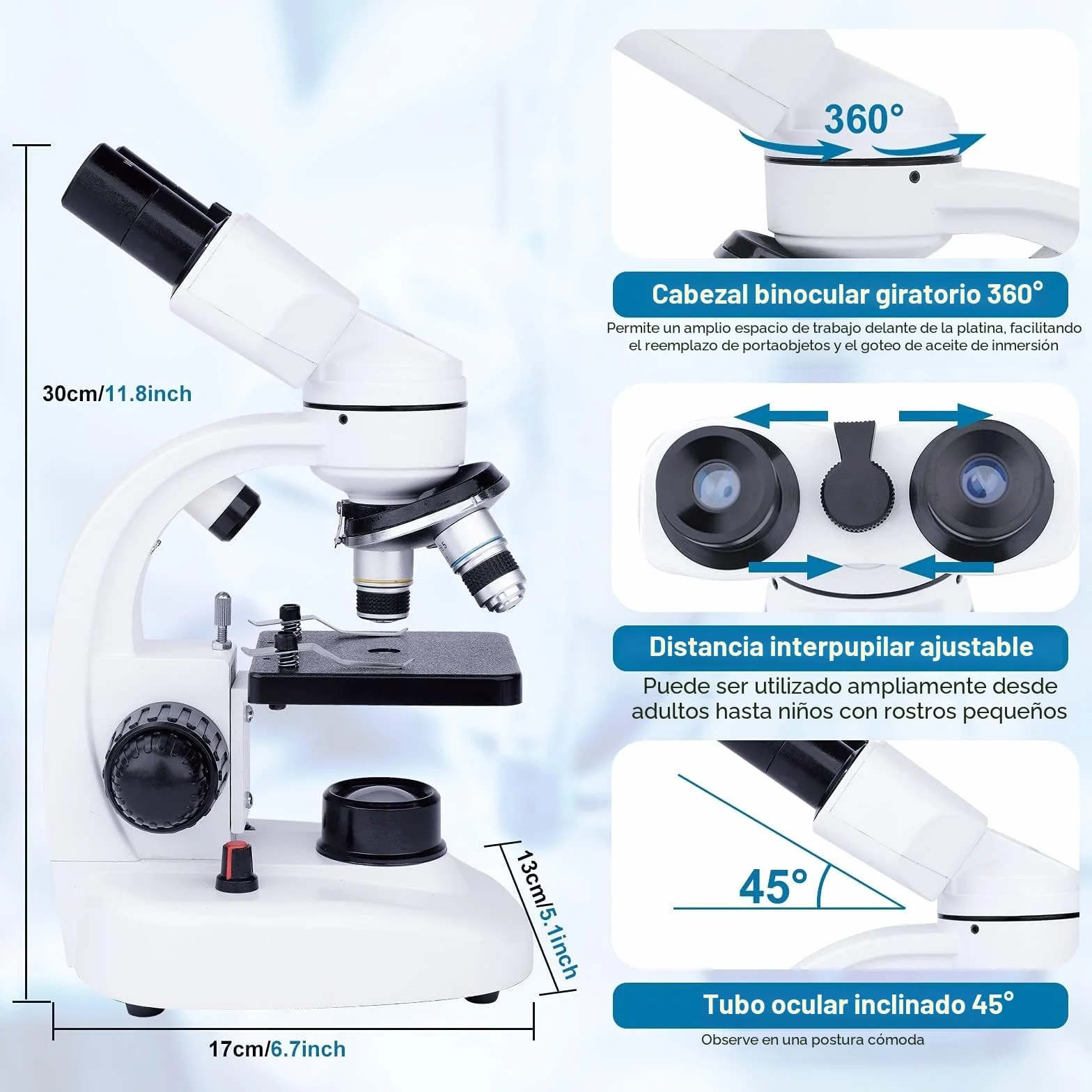 Microscopio Binocular para Niños y Adultos - Juego de Microscopio Junior 40x-1000x - Iluminación LED para luz Transmitida y Reflejada