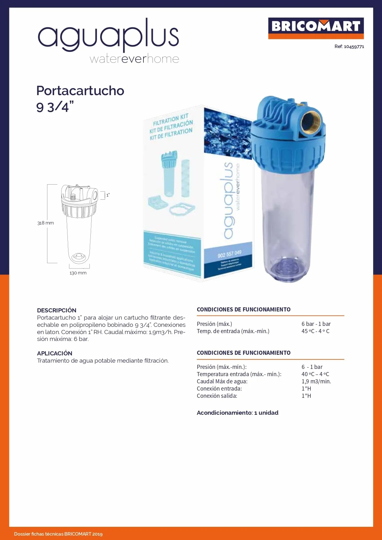 Suinga Vaso Contenedor para Filtros 10" | Portacartucho 1" Reforzado | Conexión Latón 6 Bar
