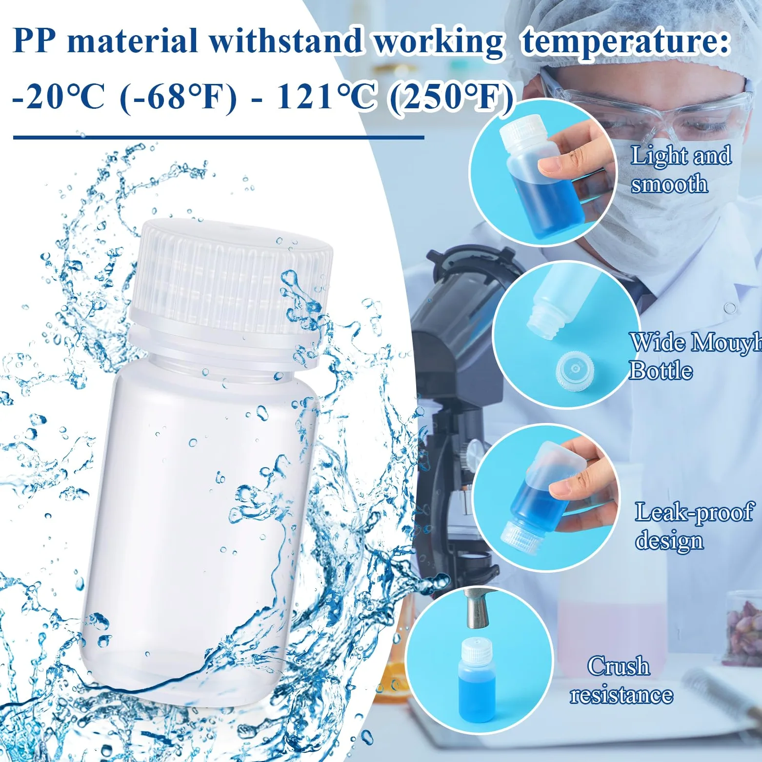 Tatuo 48 botellas de plástico para muestras de píldoras de boca ancha, contenedor de reactivo de laboratorio con tapas, recipiente translúcido de muestra de agua de polipropileno para líquidos