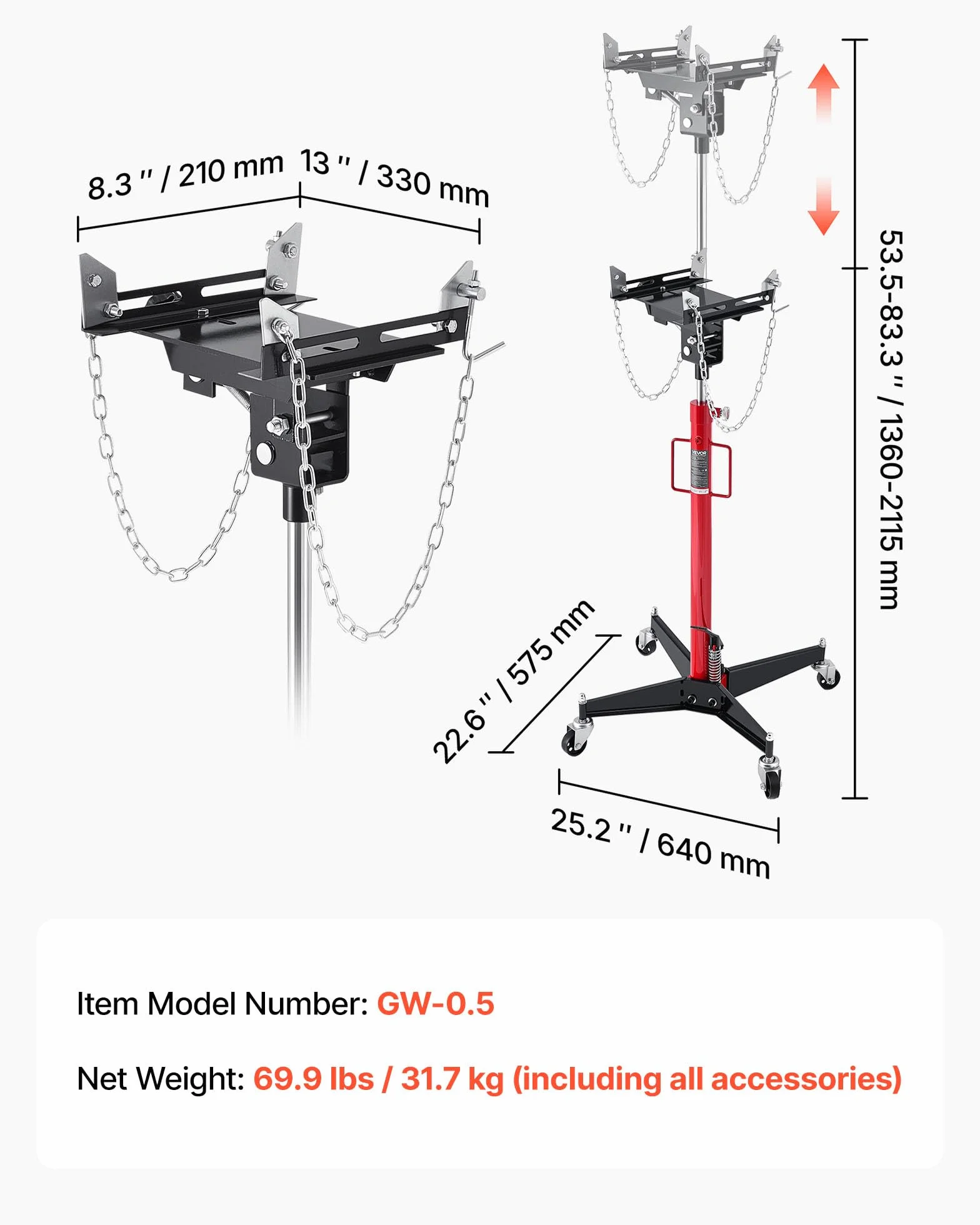 VEVOR Gato Hidráulico para Coche, Capacidad de Elevación 500 kg, con Pedal, Rueda Giratoria de 360°, Altura de Elevación de 127-202 cm, para Taller/Garaje, Rojo y Negro, 640 x 575 x 1360–2115 mm