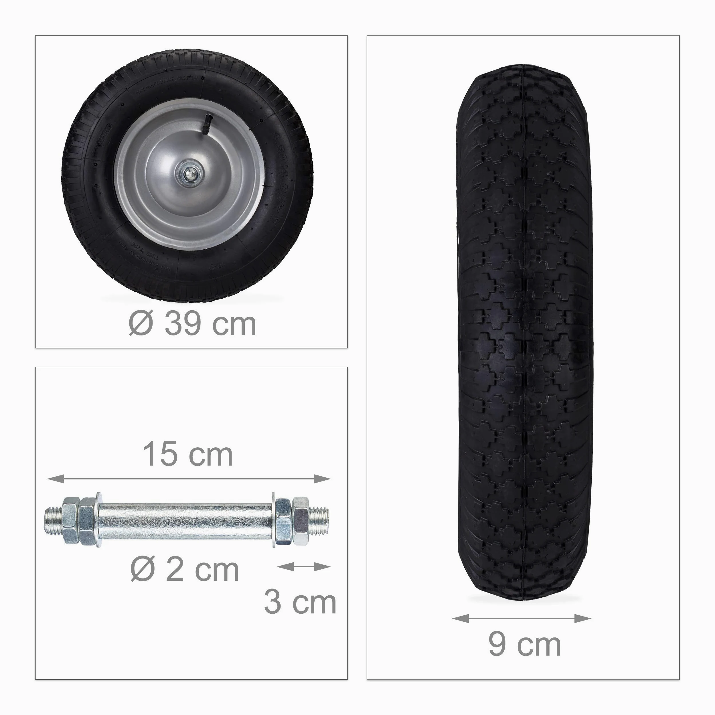 4 Ruedas de Carretilla, Neumático de Recambio con Eje, Llanta de Acero, 120 kg, Negro