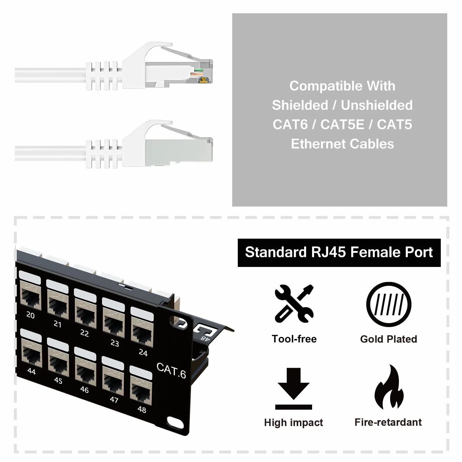 Panel de conexión de 48 puertos RJ45 Cat6 blindado STP de 19 pulgadas 10 Gbps 2U con barra trasera