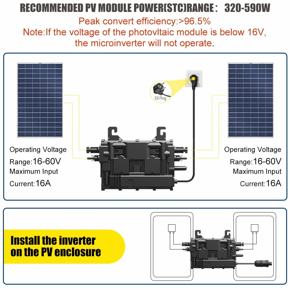 EON-MI800S Microinversor de 800W, Dual MPPT, 16–60V DC, Control de la aplicación Mediante Wi-Fi, Plug & Play, IP67, Certificado VDE, Ligero, Ideal para Sistemas solares de balcón