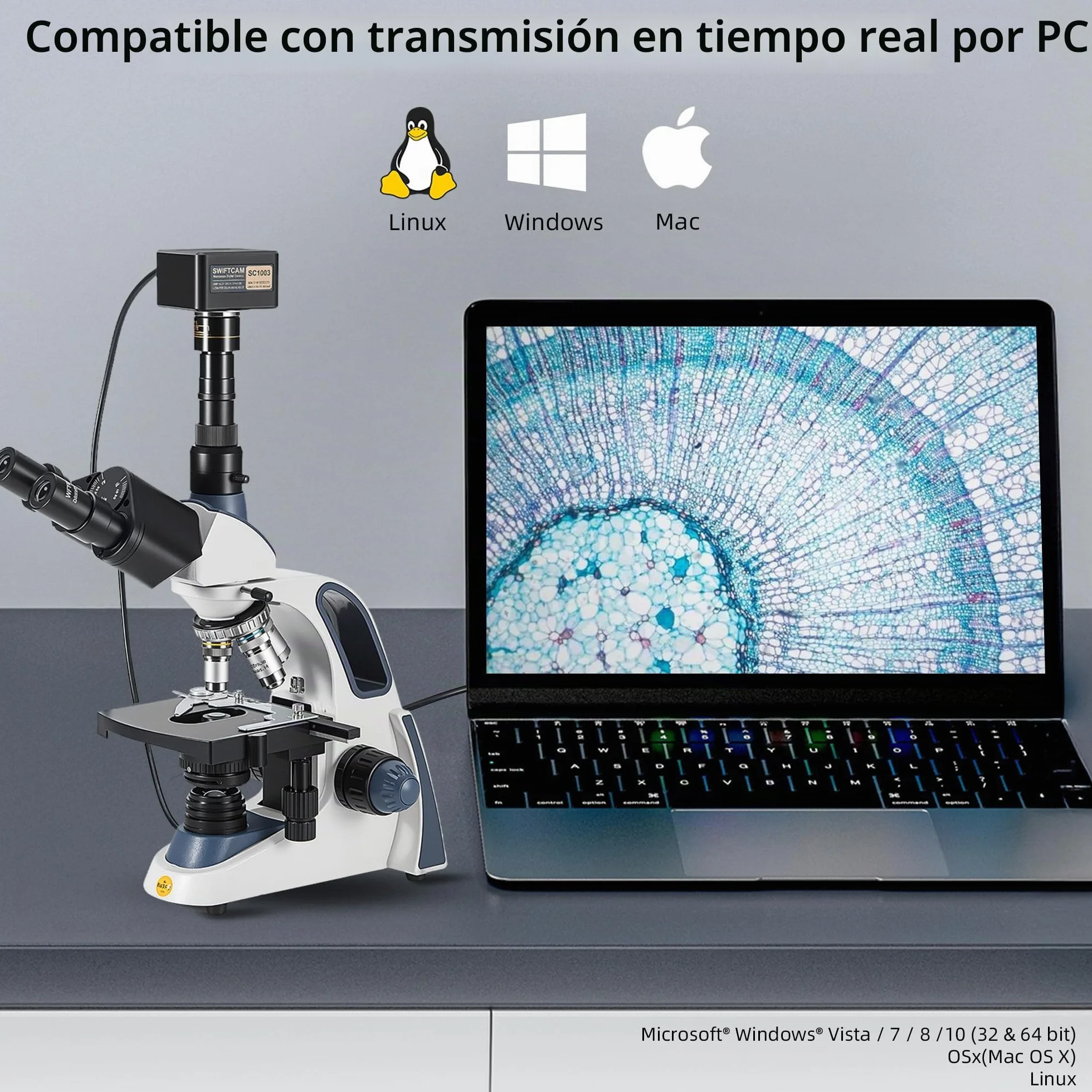 SWIFT Swiftcam - Cámara 10 MP para microscopios con objetivo reductor, kit calibración, adaptadores ojos, cable USB 3.0 SC1003-CK