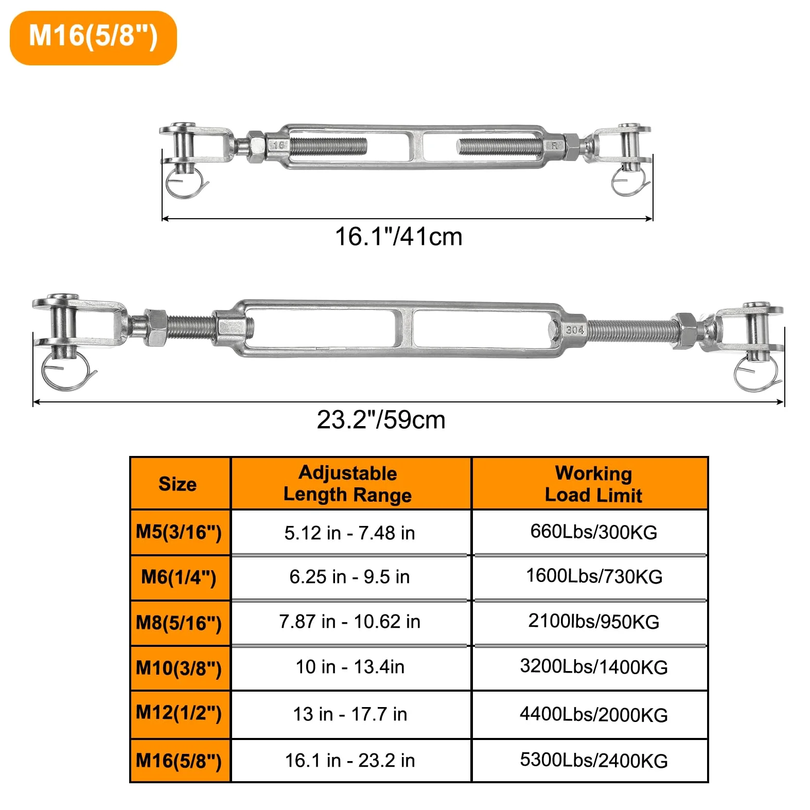 QUARKZMAN 2 Piezas M16(5/8") Tensor De Cable De Ojo Y Ojo, Tensor Ajustable De Acero Inoxidable 304 para Vela De Sombra, Tendedero, Límite De Carga De Trabajo 5300 Lbs