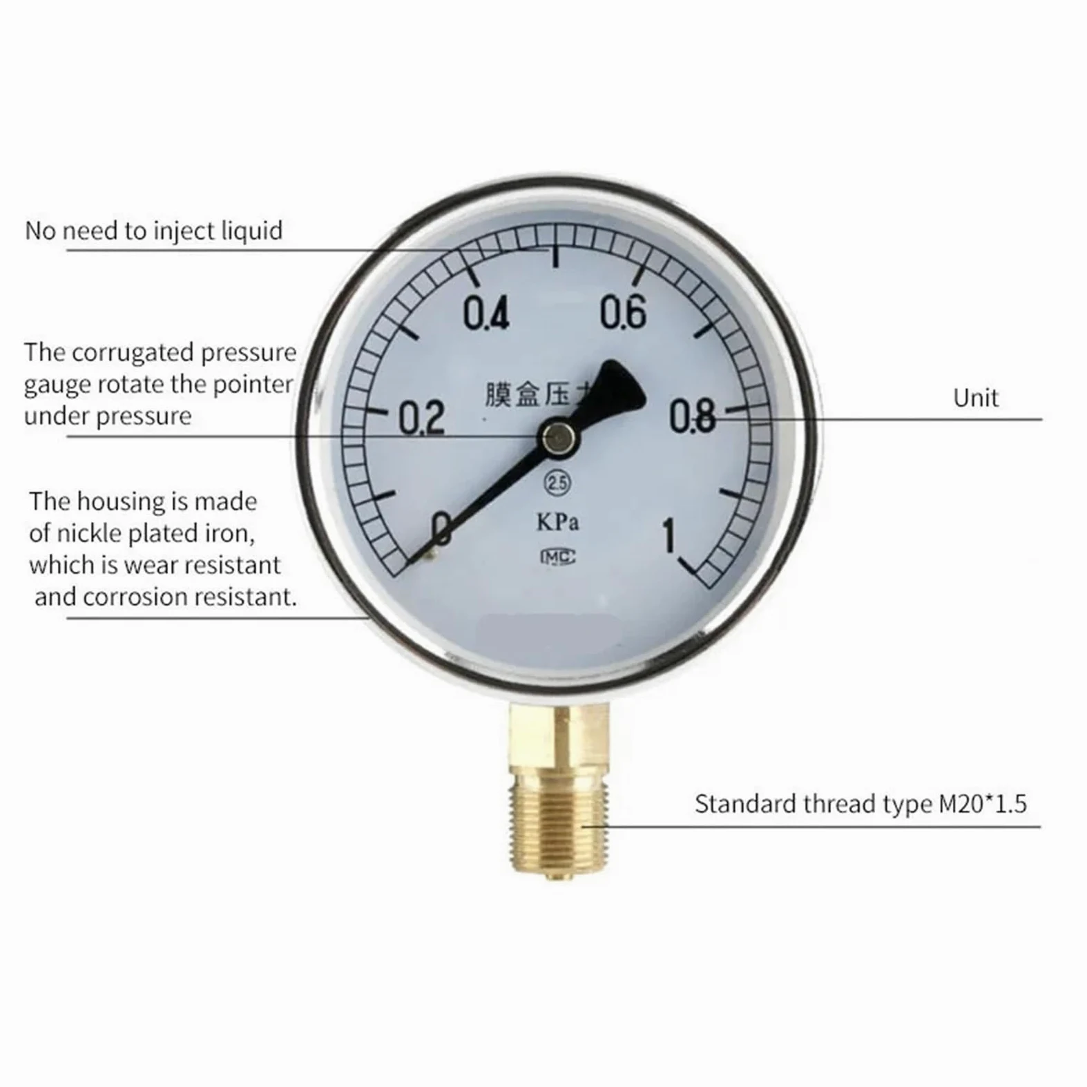 Manómetro de presión de vacío manómetro de agua Manómetro de presión de diafragma de aire de 0-30 KPA Manómetro de presión de caja de película de bronce fosforoso Medidor de presión positiva(0 1kpa)