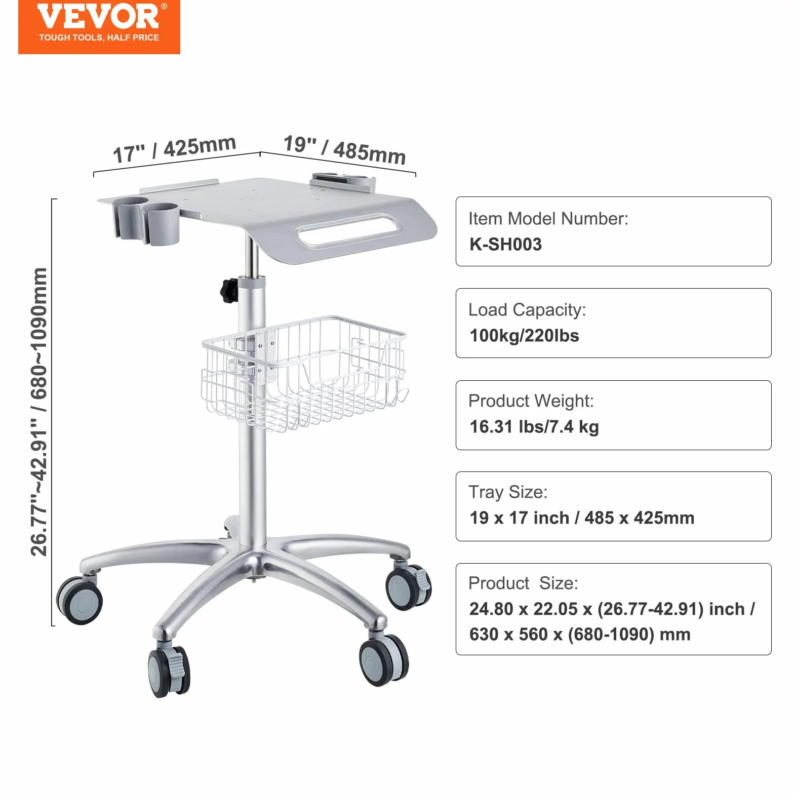 VEVOR Carro de laboratorio de aleación de aluminio, carro médico de 3 capas altura ajustable 680-1090 mm Carro de servicio con ruedas y cesta, para laboratorio salón hospital, uso dental