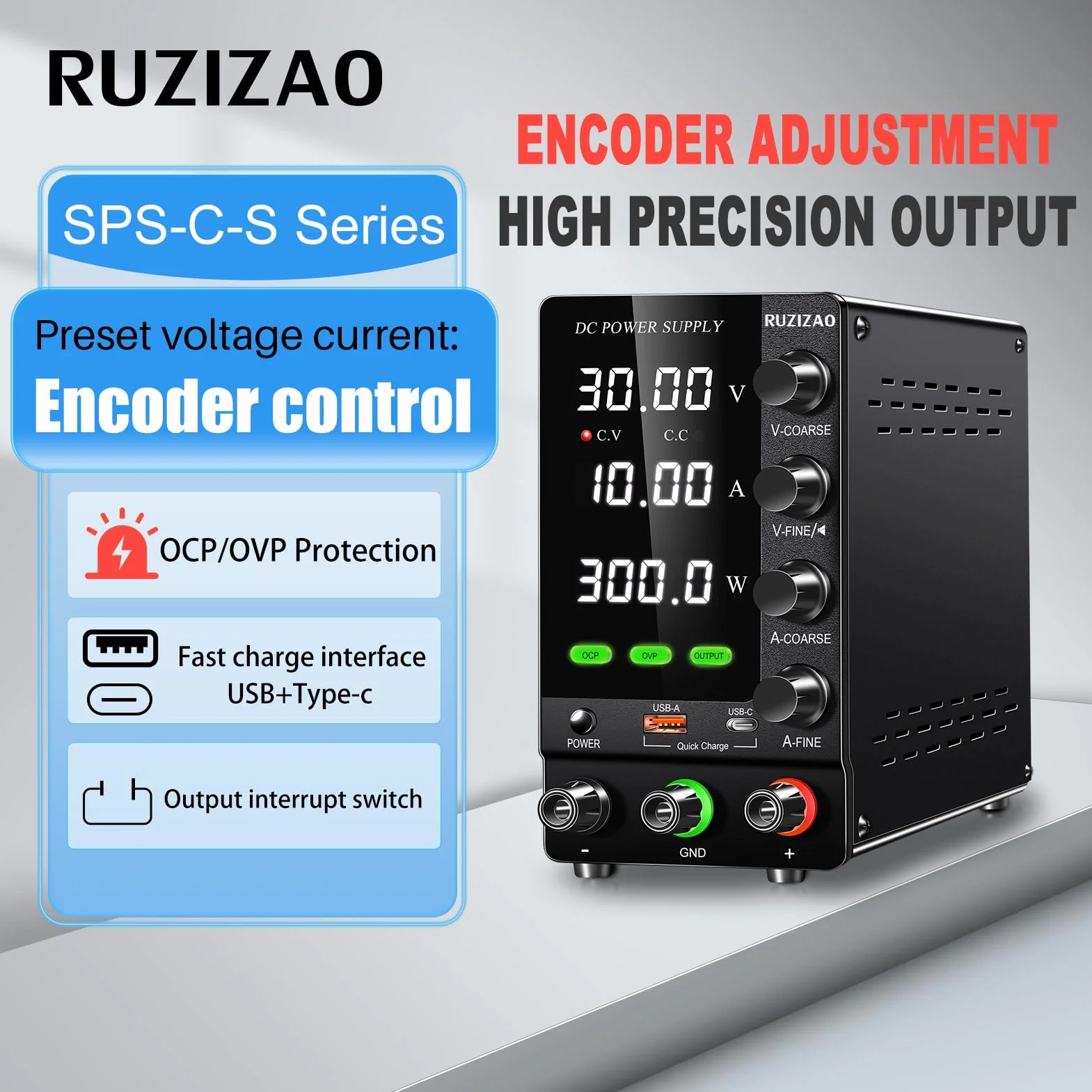Fuente de Alimentación Regulable 30V 10A Alimentación de Laboratorio con OCP/OVP/Output/Codificadores/18W USB de Carga Rápida, Fuente de Alimentacion de Banco para Pruebas/Carga de Baterías