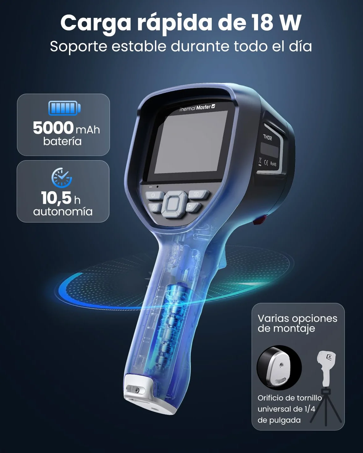 Thor 002 Cámara Térmica Portátil, Resolución 512×384 px, 25Hz, Pantalla IPS 3,5", -20°C a 550°C, WiFi & App/PC Análisis, IP54 para Electricidad, Industria y HVAC