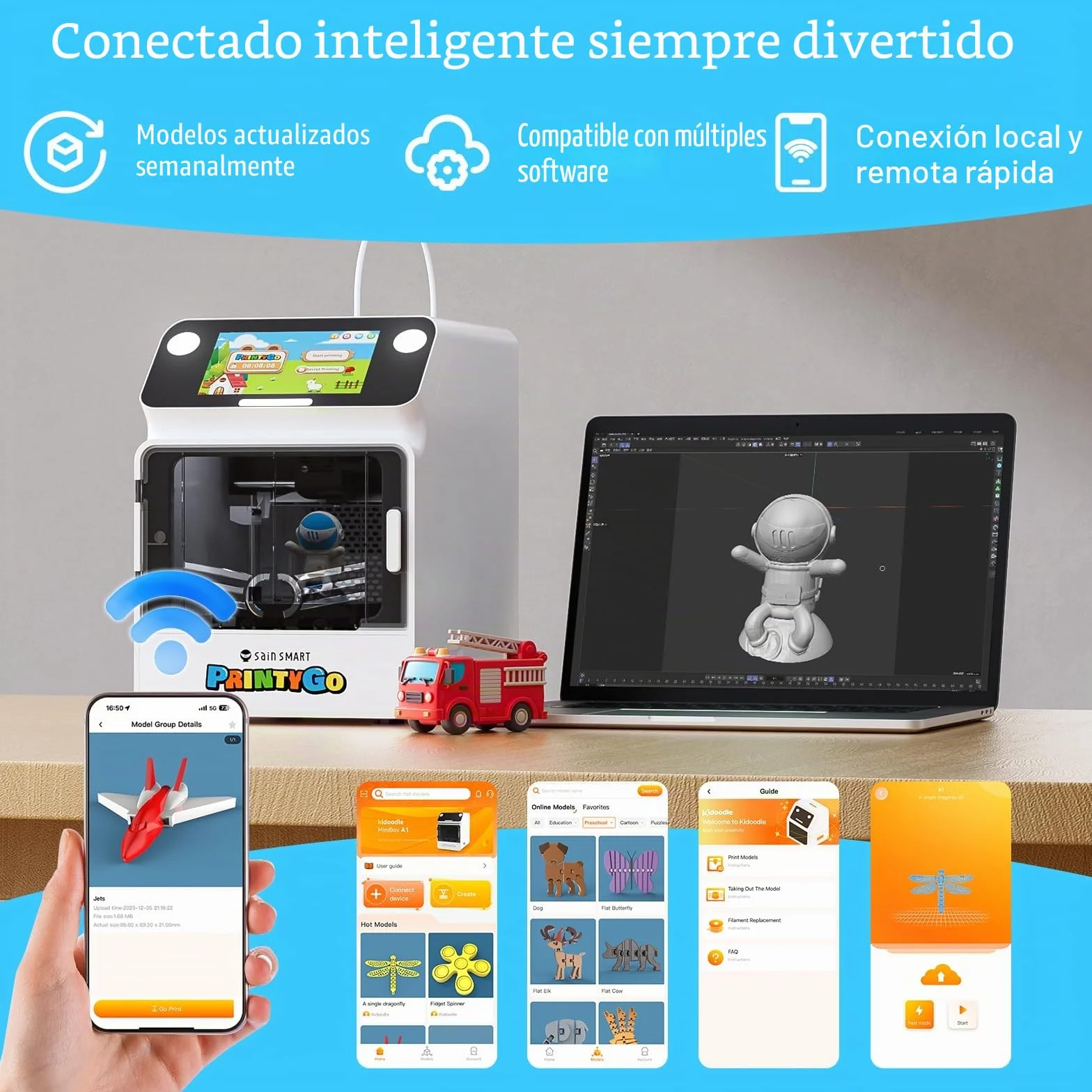 SainSmart Impresora 3D PrintyGo Mini para niños, 600 mm/s, autonivelación, Ideal para Principiantes, diseño Seguro para niños, Control por Wi-Fi/App, preensamblada para Aprendizaje Stem