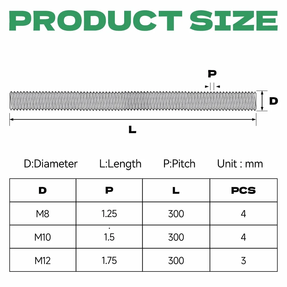 Varilla roscada M10 x 300 mm acero inoxidable DIN 976 clase 4.8
