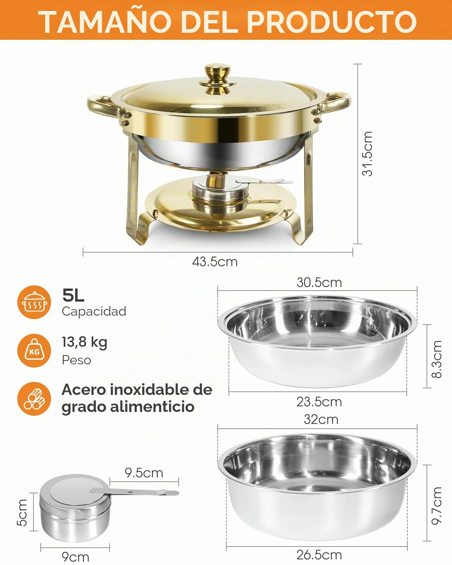Oro Chafing Dish Buffet Set 5L Acero Inoxidable 2 Recipientes Calientes para Catering