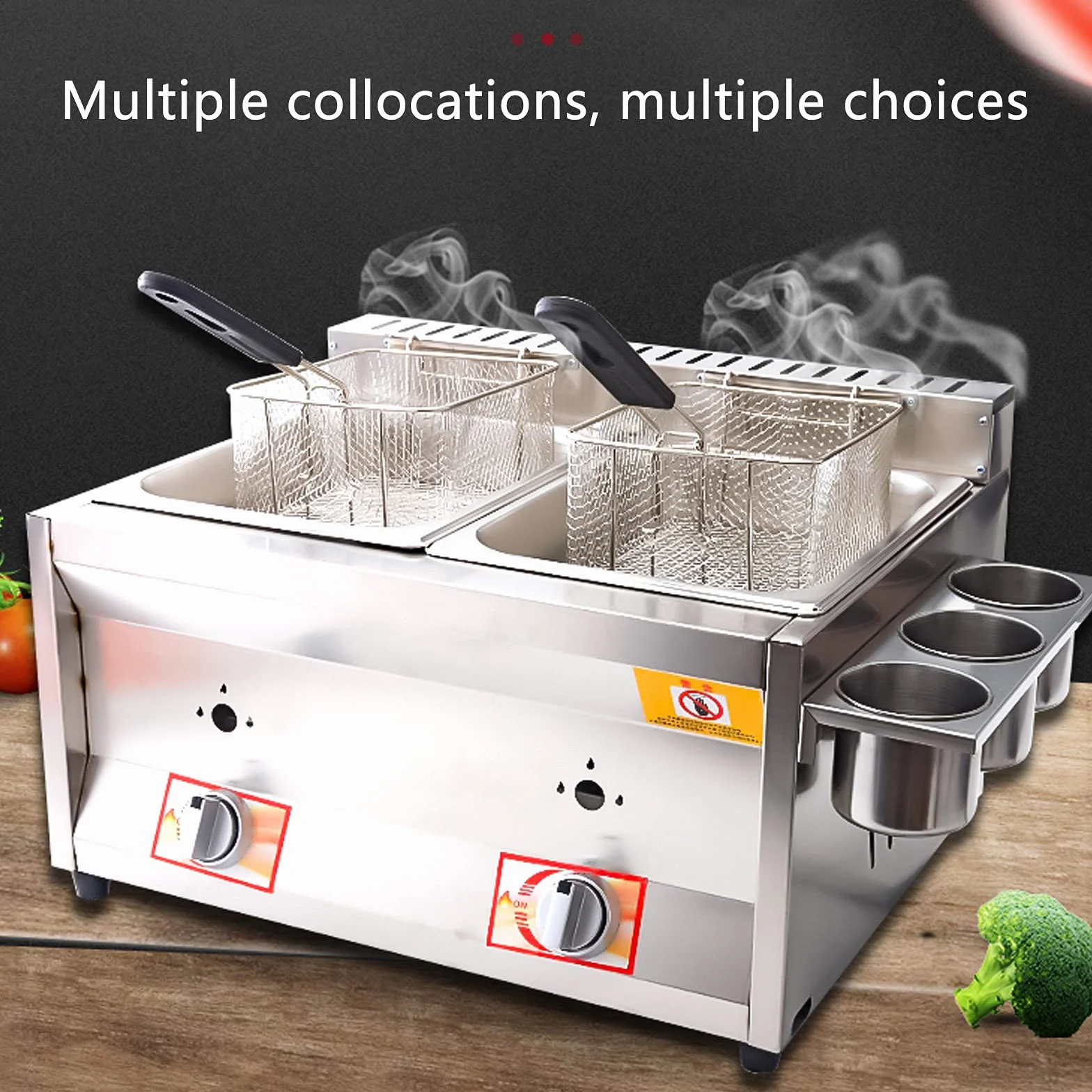 Freidora de gas de doble cilindro de 20 l, freidora de gas profesional de acero inoxidable comercial con cuchara de cesta para encimera de restaurante comercial Máquina para cocinar alimentos
