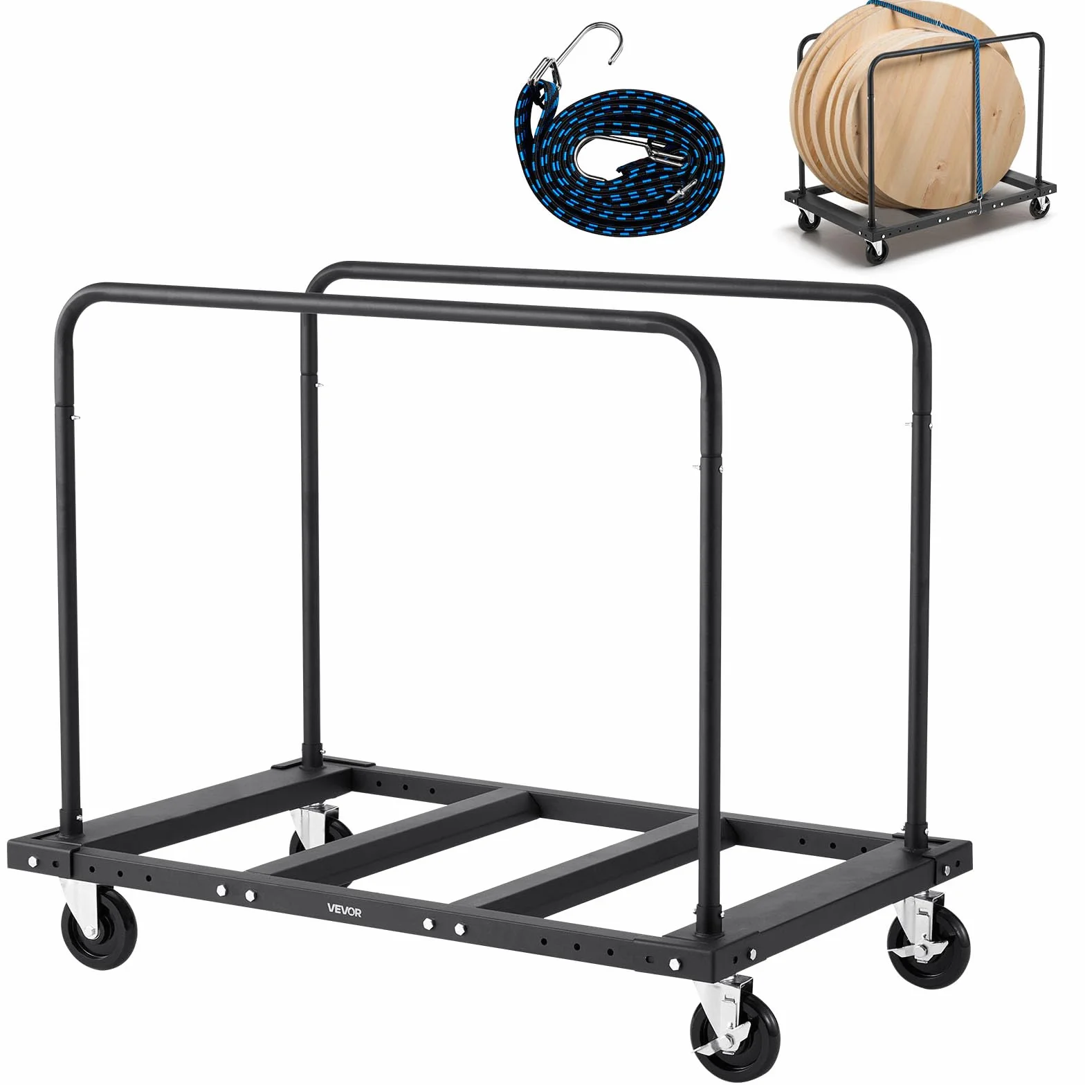VEVOR Carro de Transporte, Carga 816 kg, con Ruedas Giratorias 12,5 mm, Rodillo para Placas, Abrazadera para Tubos con Correa de Amarre y 2 Pasamanos Laterales, para Almacenes y Garajes, Negro