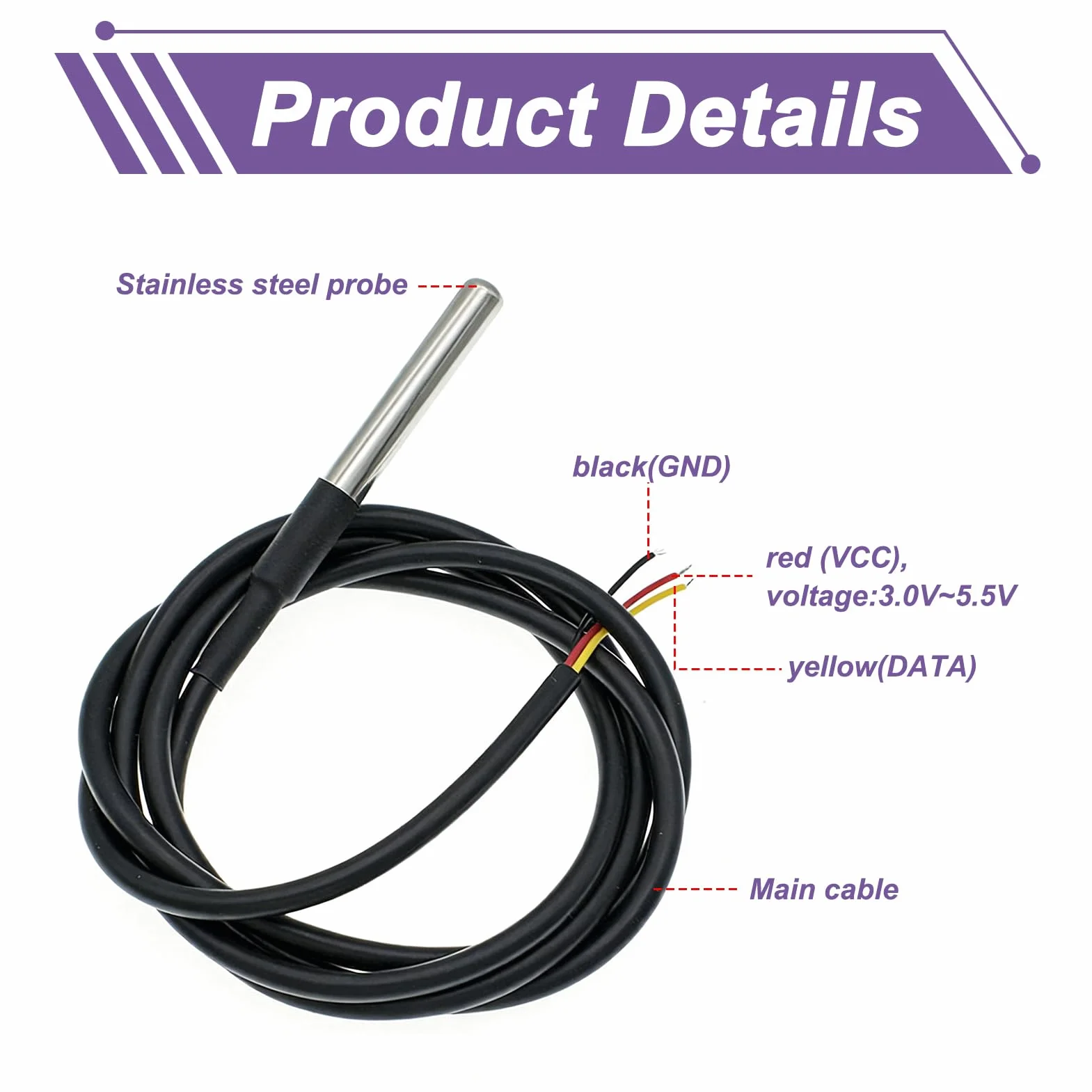 2 Piezas Sensor Temperatura DS18B20, Sonda Impermeable Cable 1m, Digital Acero Inoxidable para Arduino Raspberry Pi