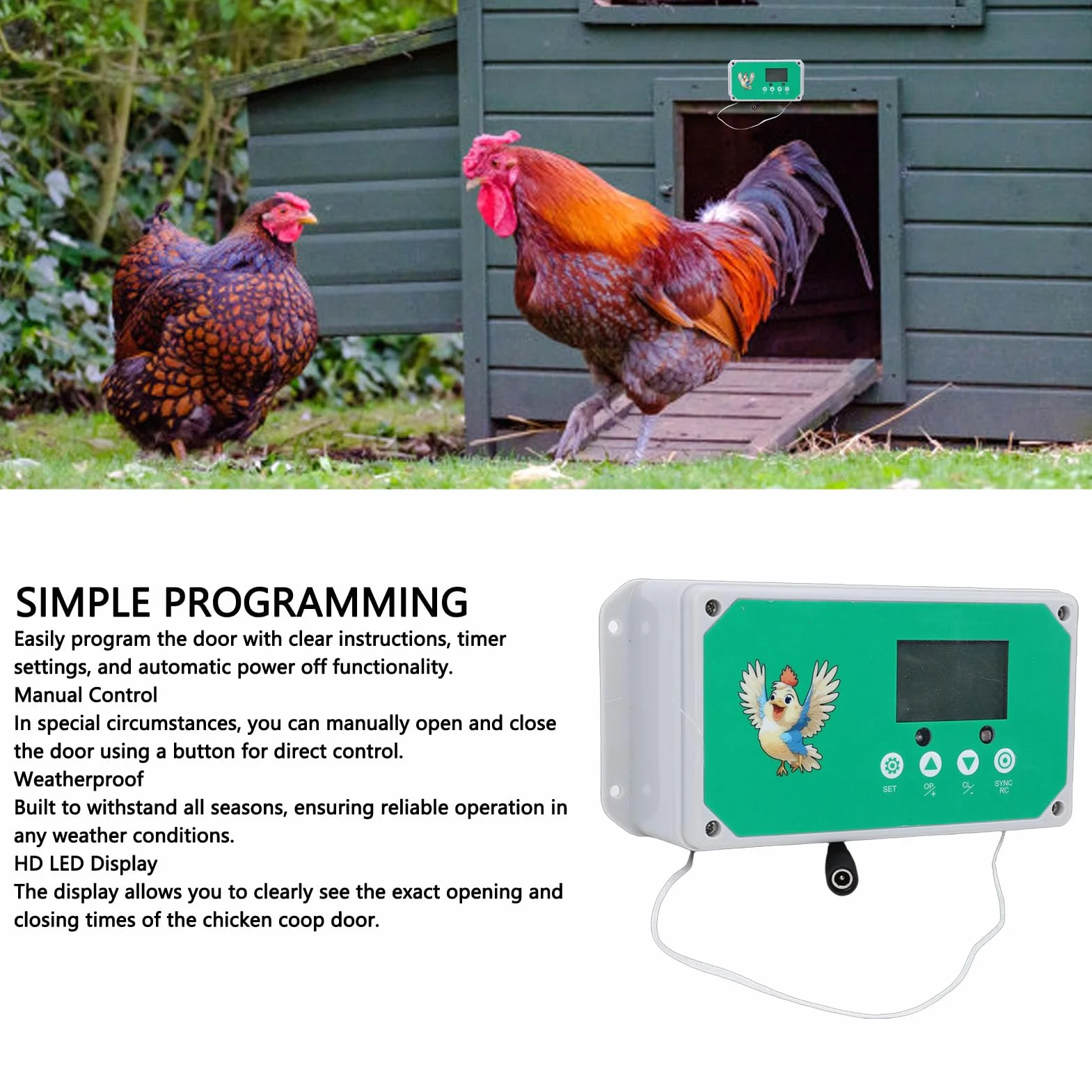 HEEPDD Abridor Automático de Puerta para Gallinero, de Aluminio Resistente a la Intemperie, con Control Remoto, Eléctrico, con Temporizador y Pantalla LED HD para (Enchufe de la UE 100-240V)